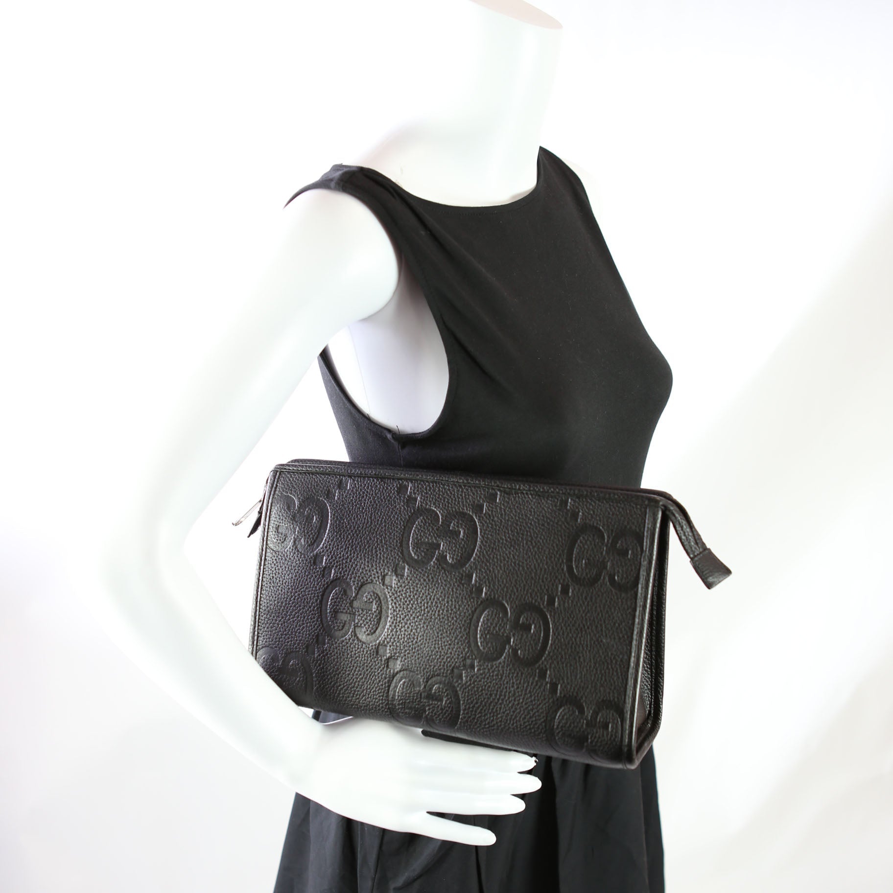 Gucci 739490 Jumbo GG Leather Zip Pouch Black