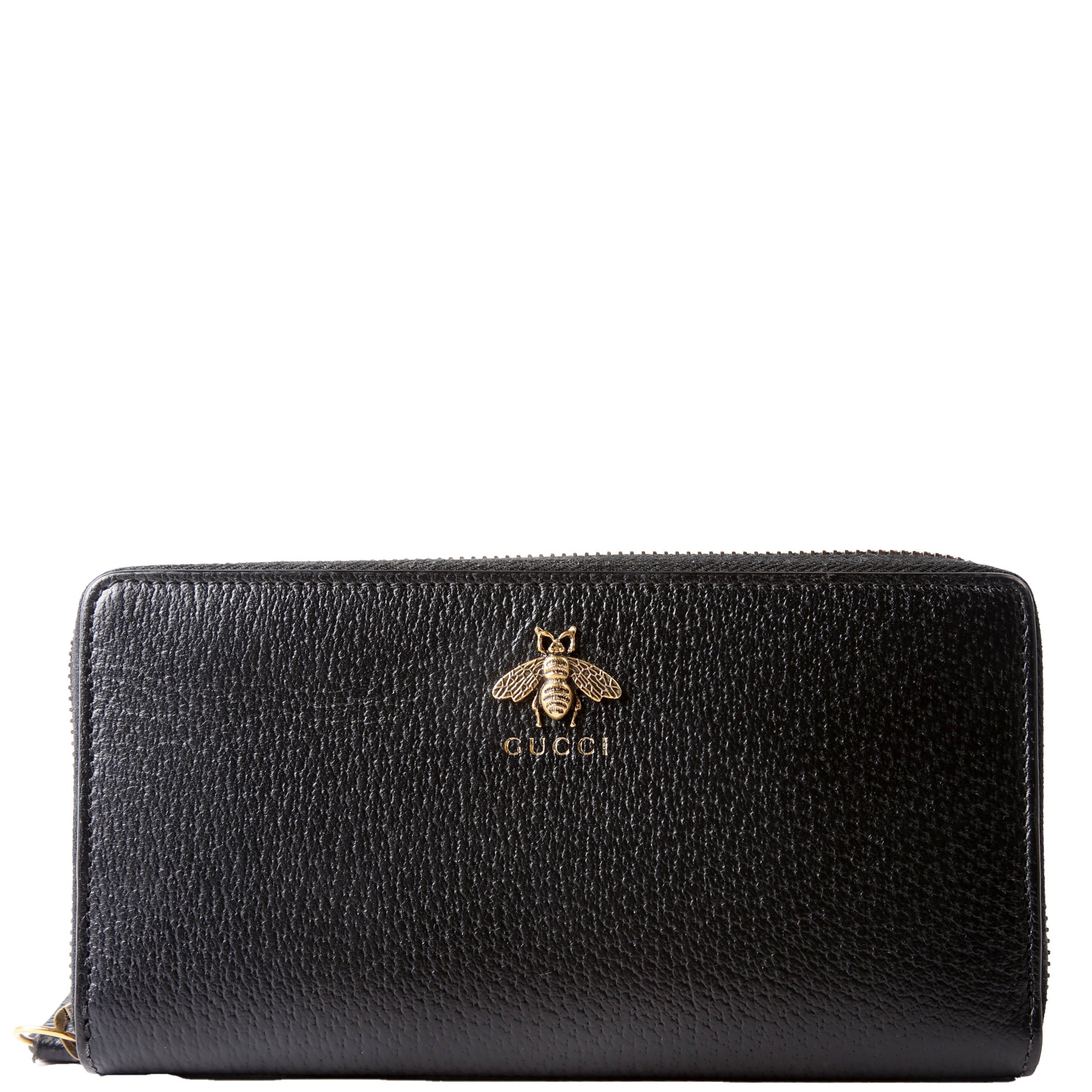 Gucci 523667 Animalier Bee Leather Zip Around Long Wallet Black