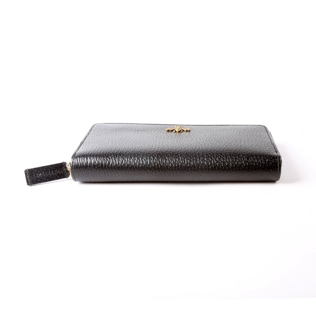 Gucci 523667 Animalier Bee Leather Zip Around Long Wallet Black