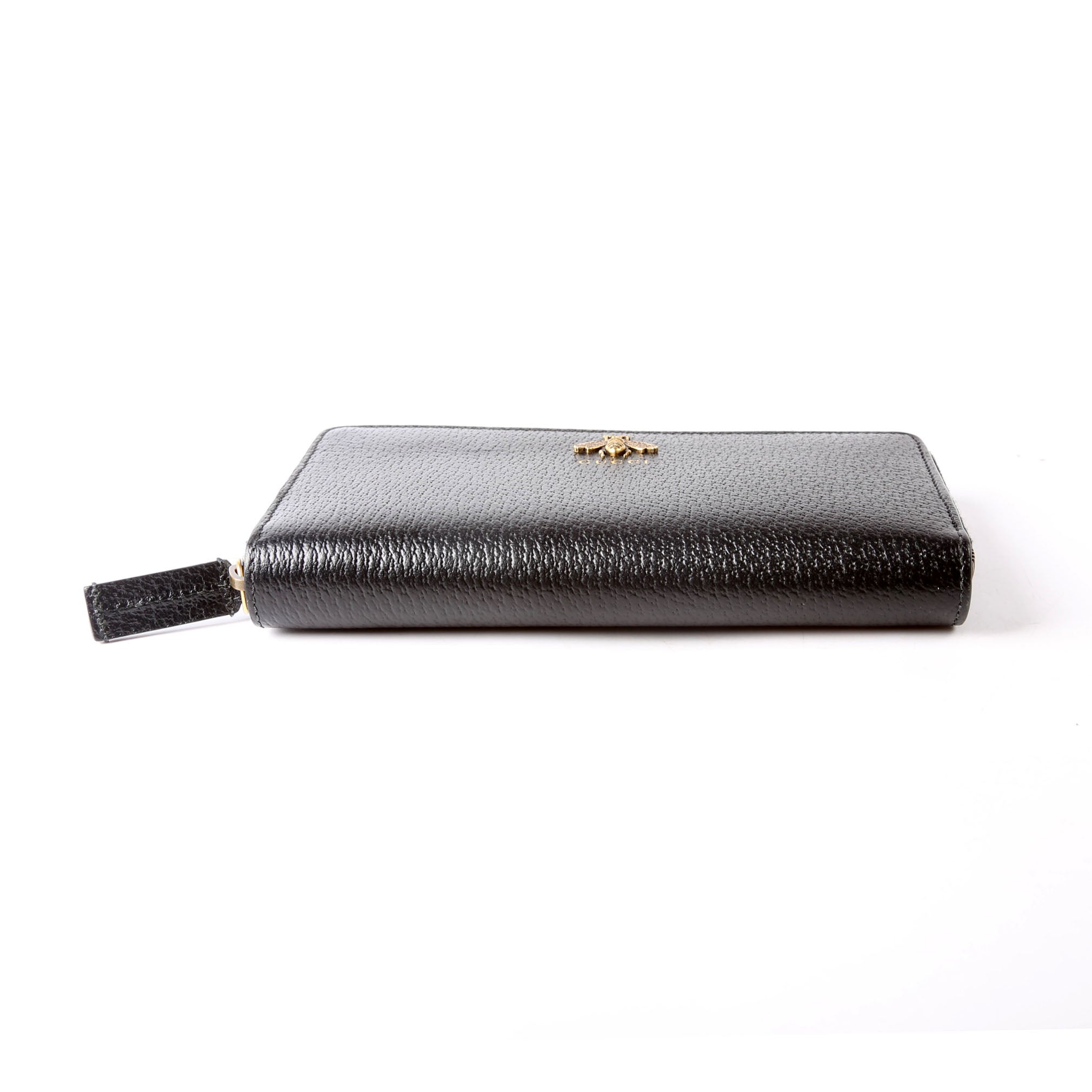 Gucci 523667 Animalier Bee Leather Zip Around Long Wallet Black