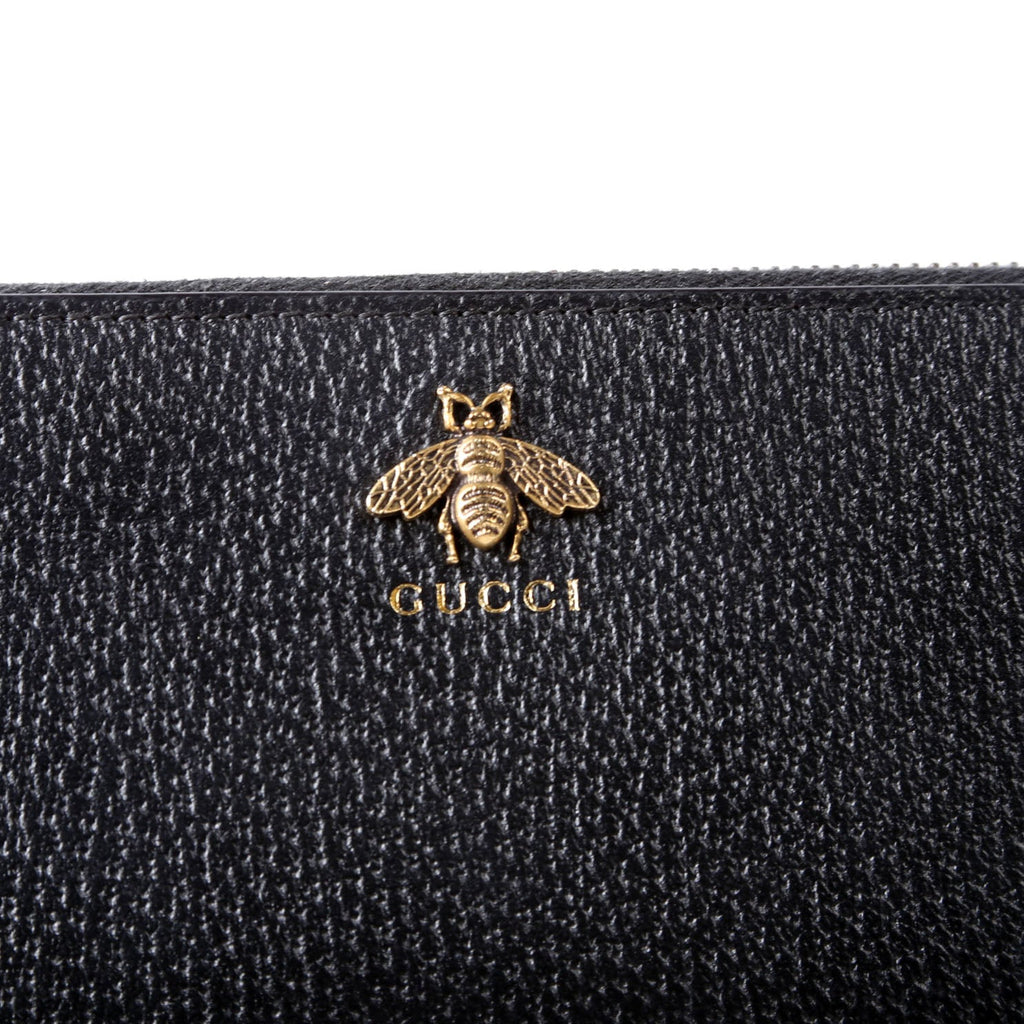 Gucci 523667 Animalier Bee Leather Zip Around Long Wallet Black