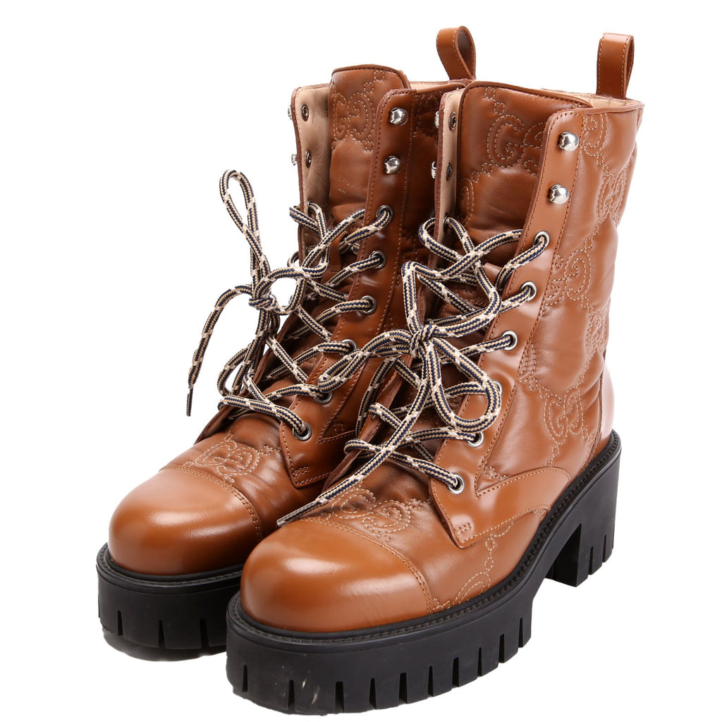 Gucci GG Matelasse Lace Up Boots Size 37 Brown