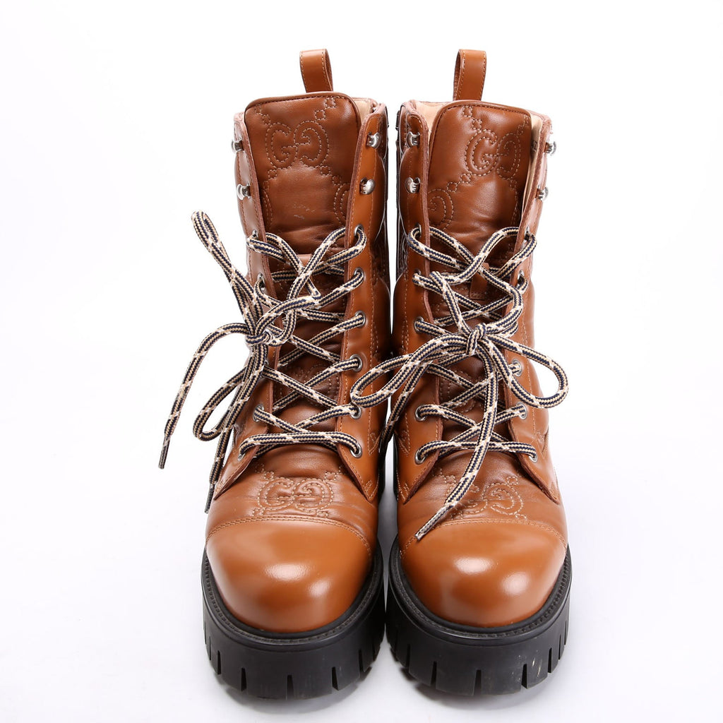 Gucci GG Matelasse Lace Up Boots Size 37 Brown