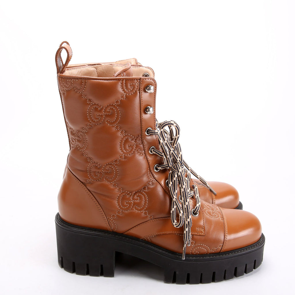 Gucci GG Matelasse Lace Up Boots Size 37 Brown