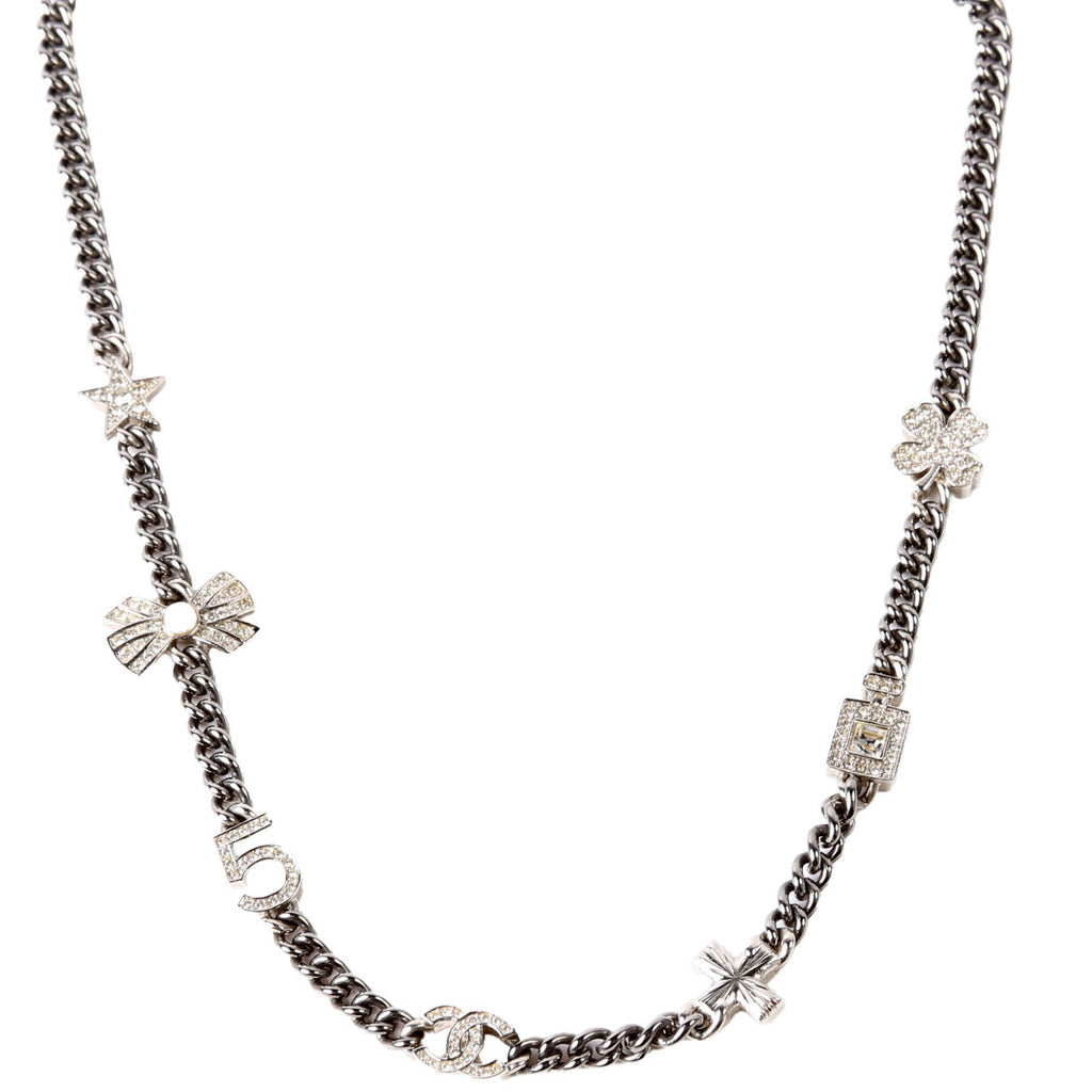 Chanel Crystal CC Lucky Charms Chain Choker Necklace Silver/Pearl