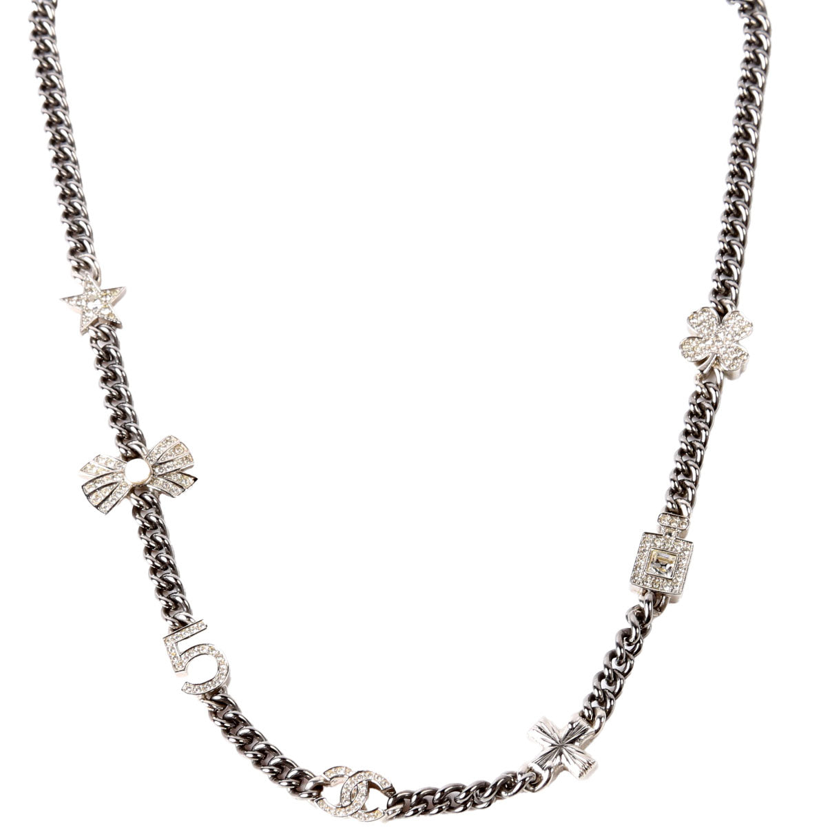 Chanel Crystal CC Lucky Charms Chain Choker Necklace Silver/Pearl