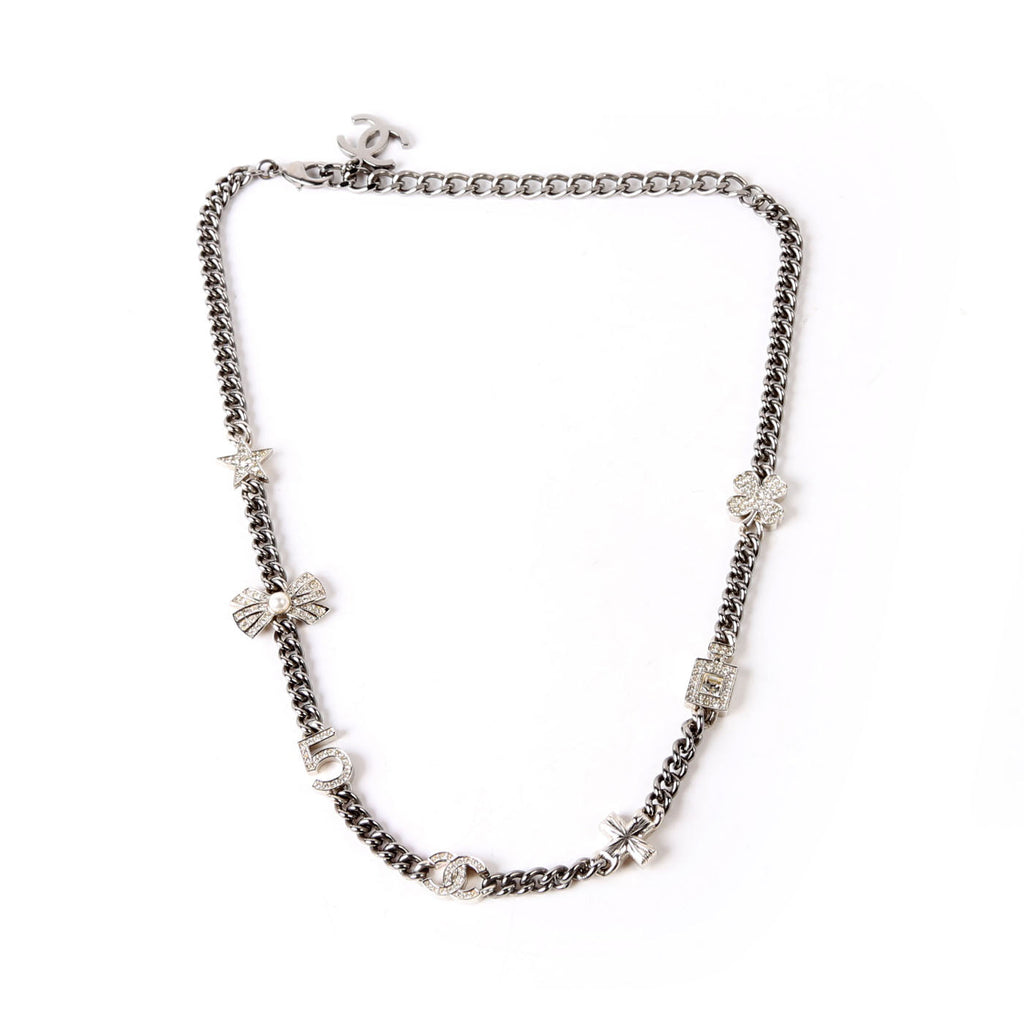 Chanel Crystal CC Lucky Charms Chain Choker Necklace Silver/Pearl