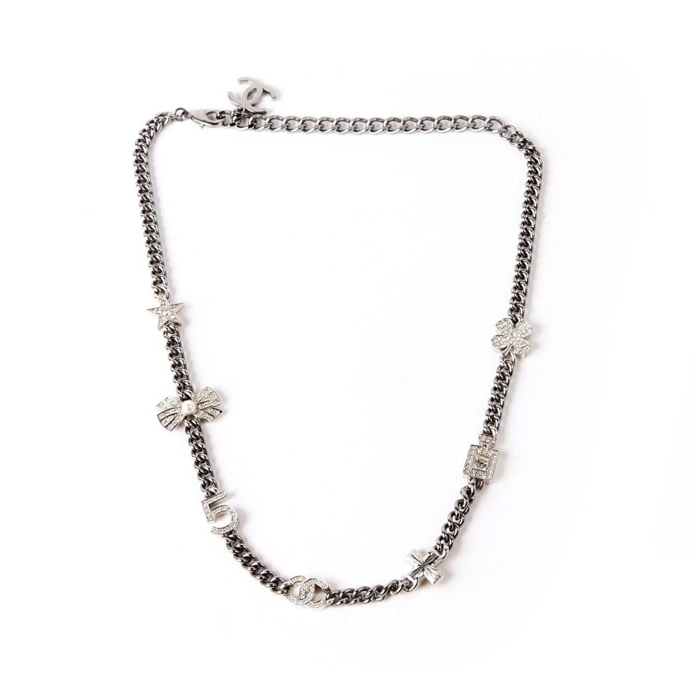 Chanel Crystal CC Lucky Charms Chain Choker Necklace Silver/Pearl