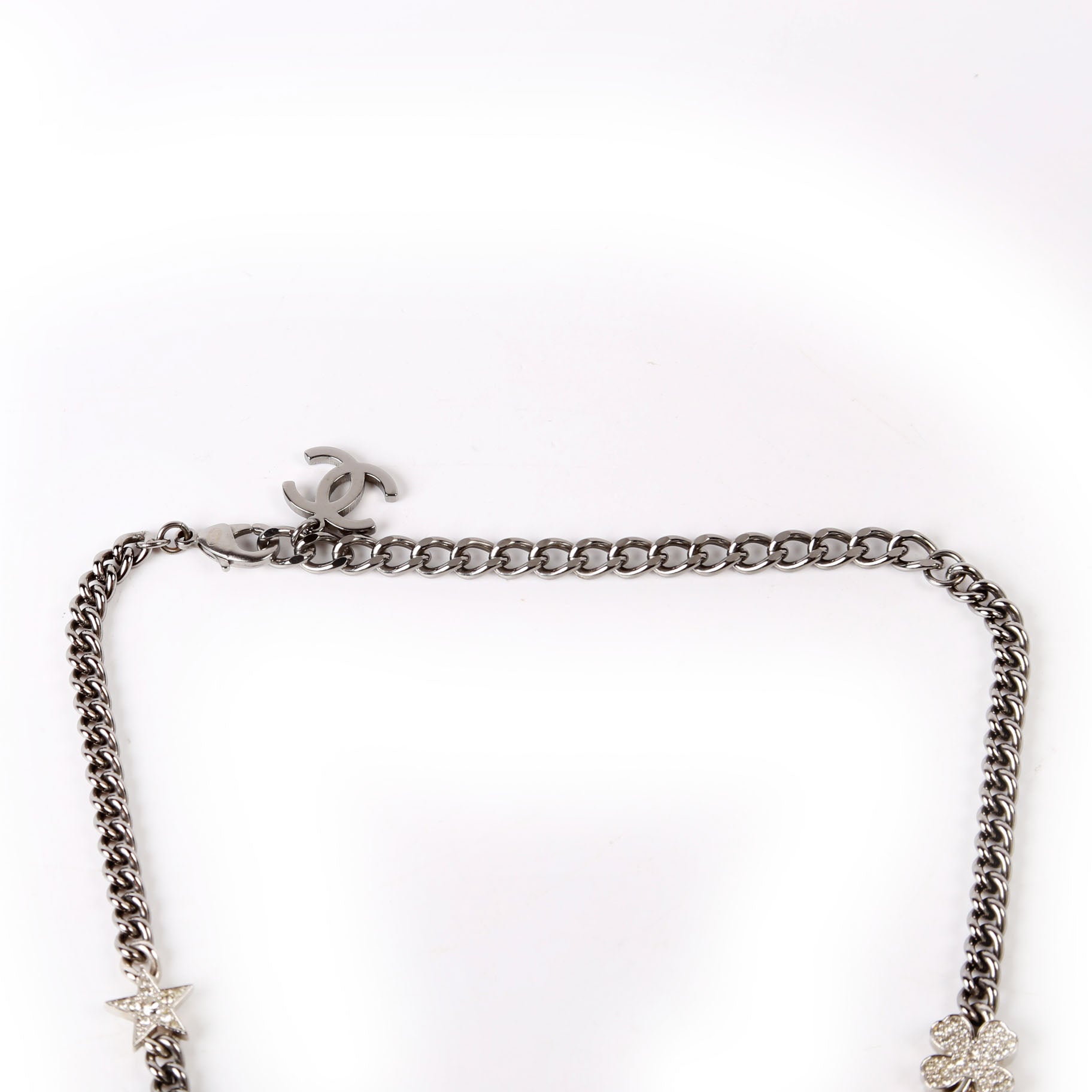 Chanel Crystal CC Lucky Charms Chain Choker Necklace Silver/Pearl