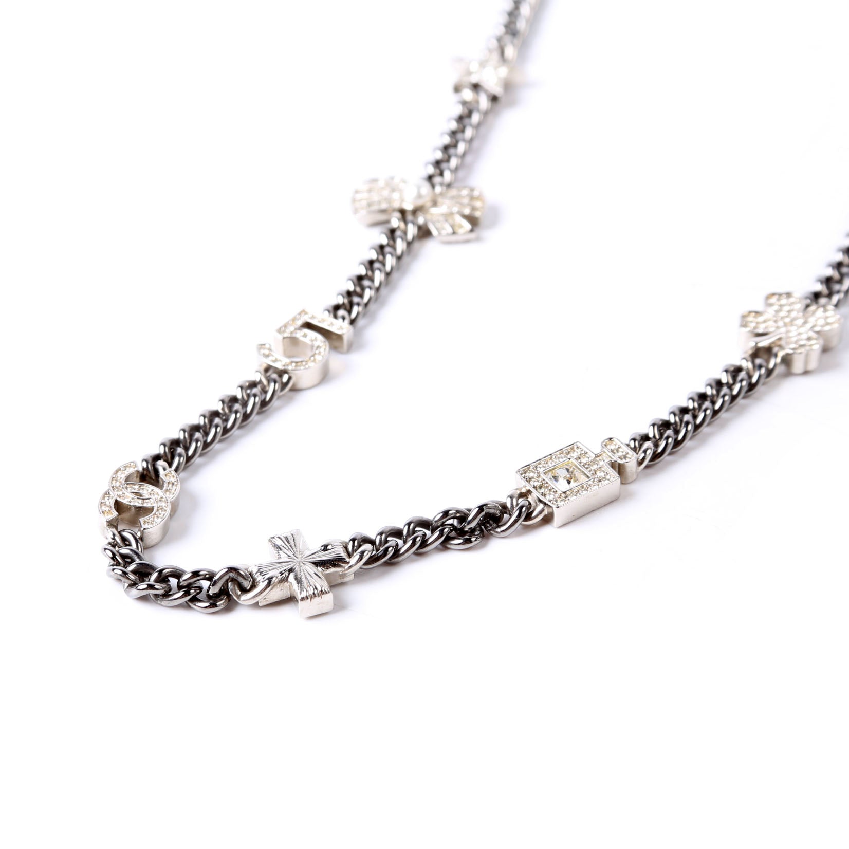 Chanel Crystal CC Lucky Charms Chain Choker Necklace Silver/Pearl