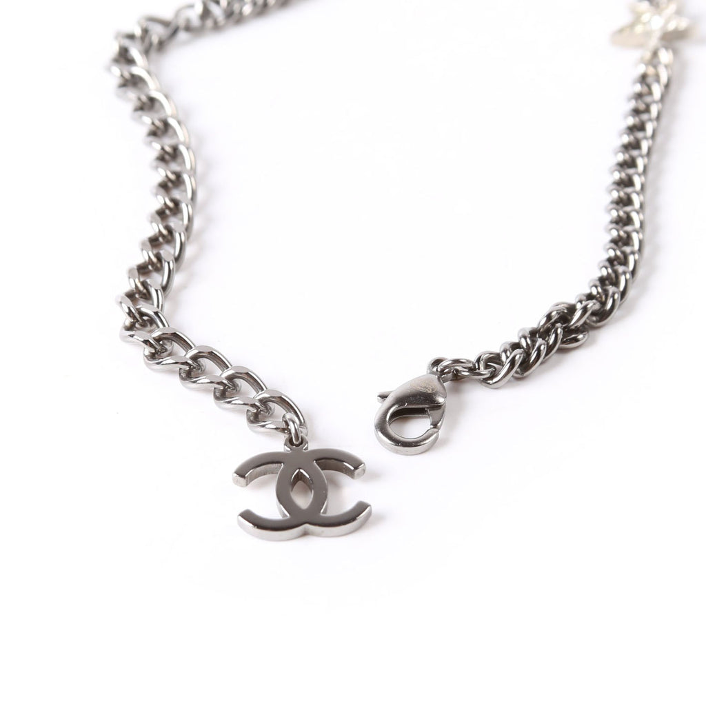 Chanel Crystal CC Lucky Charms Chain Choker Necklace Silver/Pearl