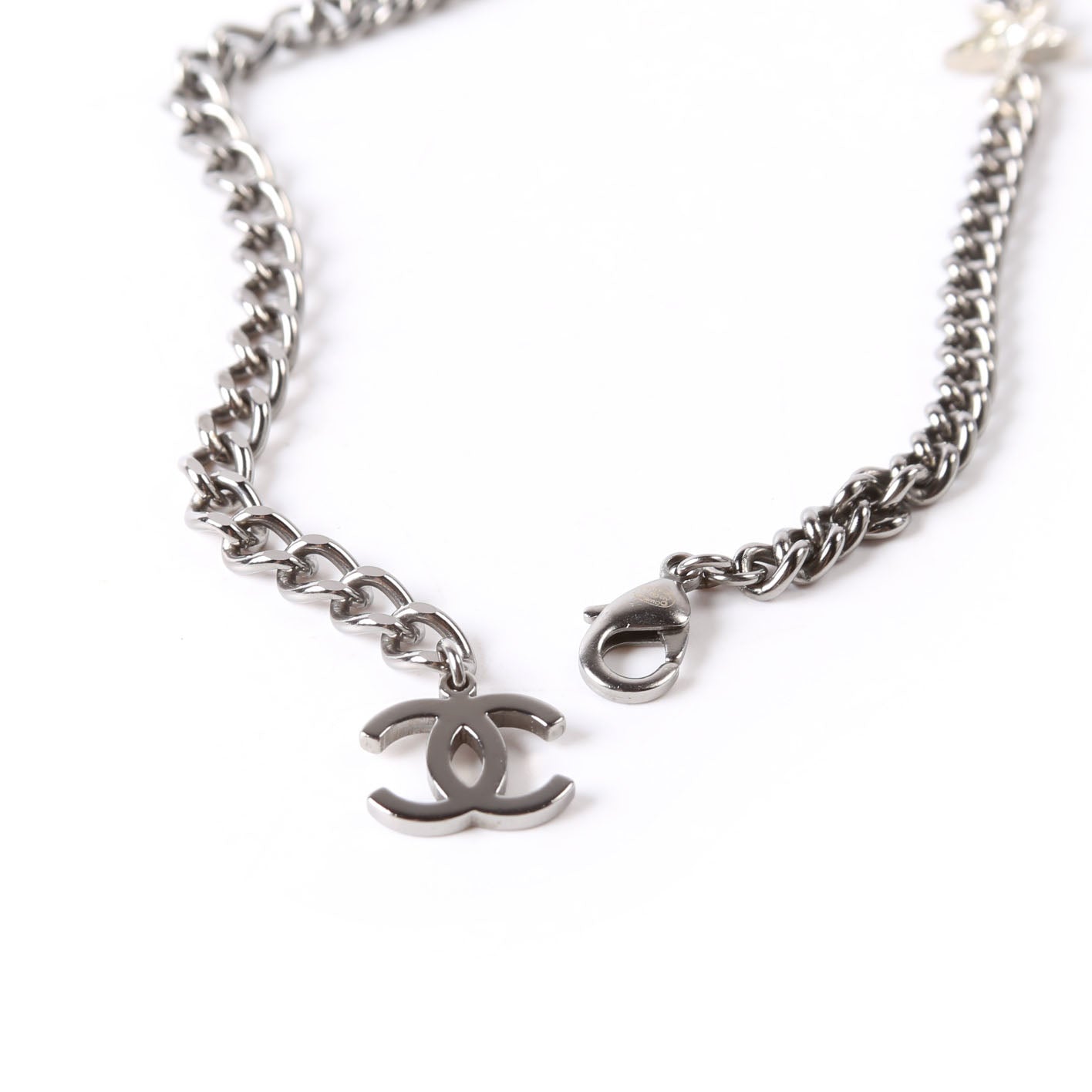 Chanel Crystal CC Lucky Charms Chain Choker Necklace Silver/Pearl