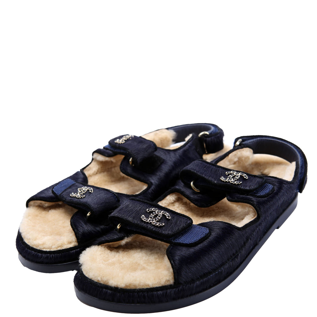 Chanel CC Dad Sandals Calf Hair Shearling Size 40