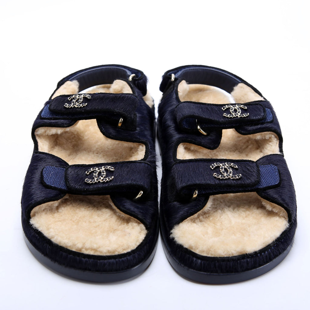 Chanel CC Dad Sandals Calf Hair Shearling Size 40