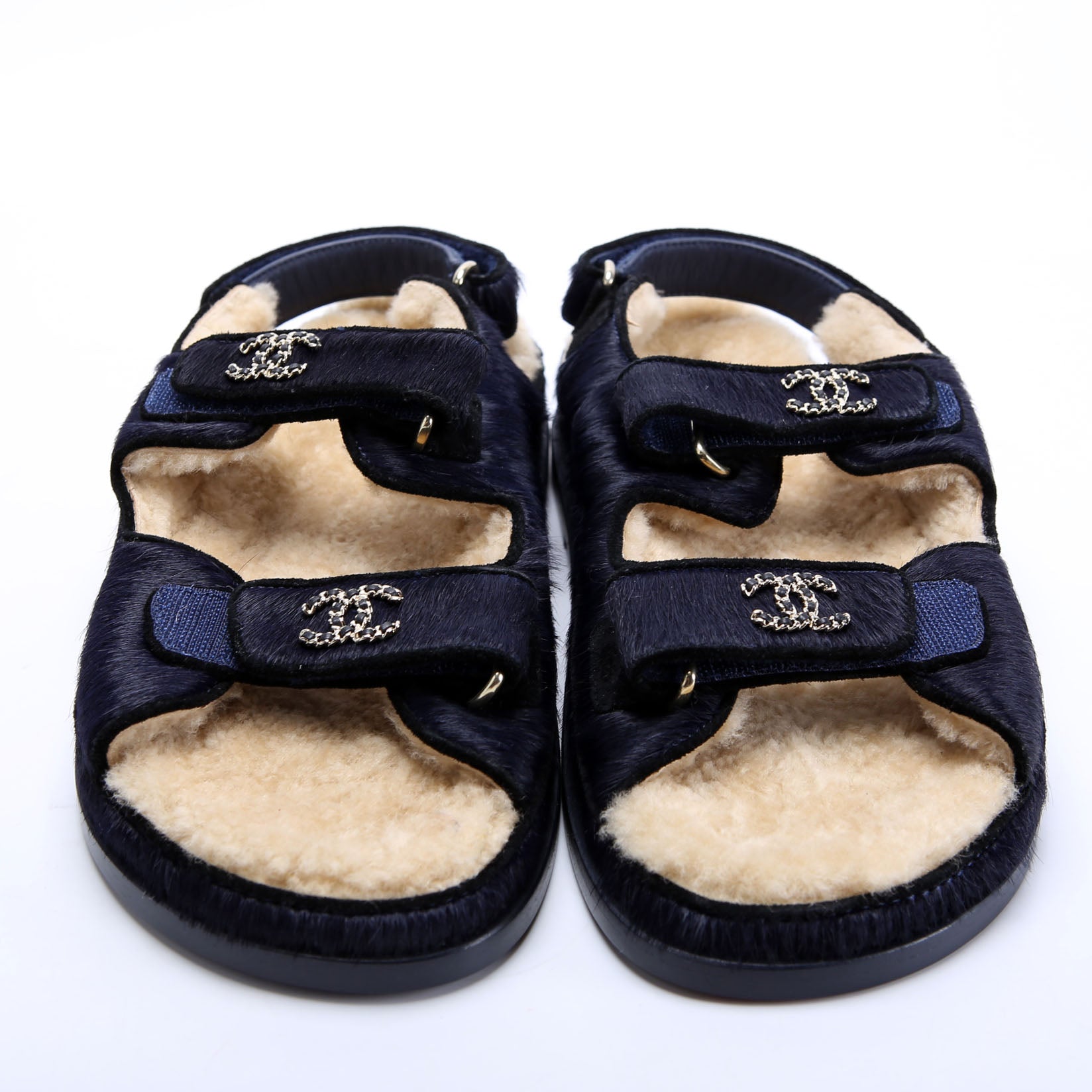 Chanel CC Dad Sandals Calf Hair Shearling Size 40