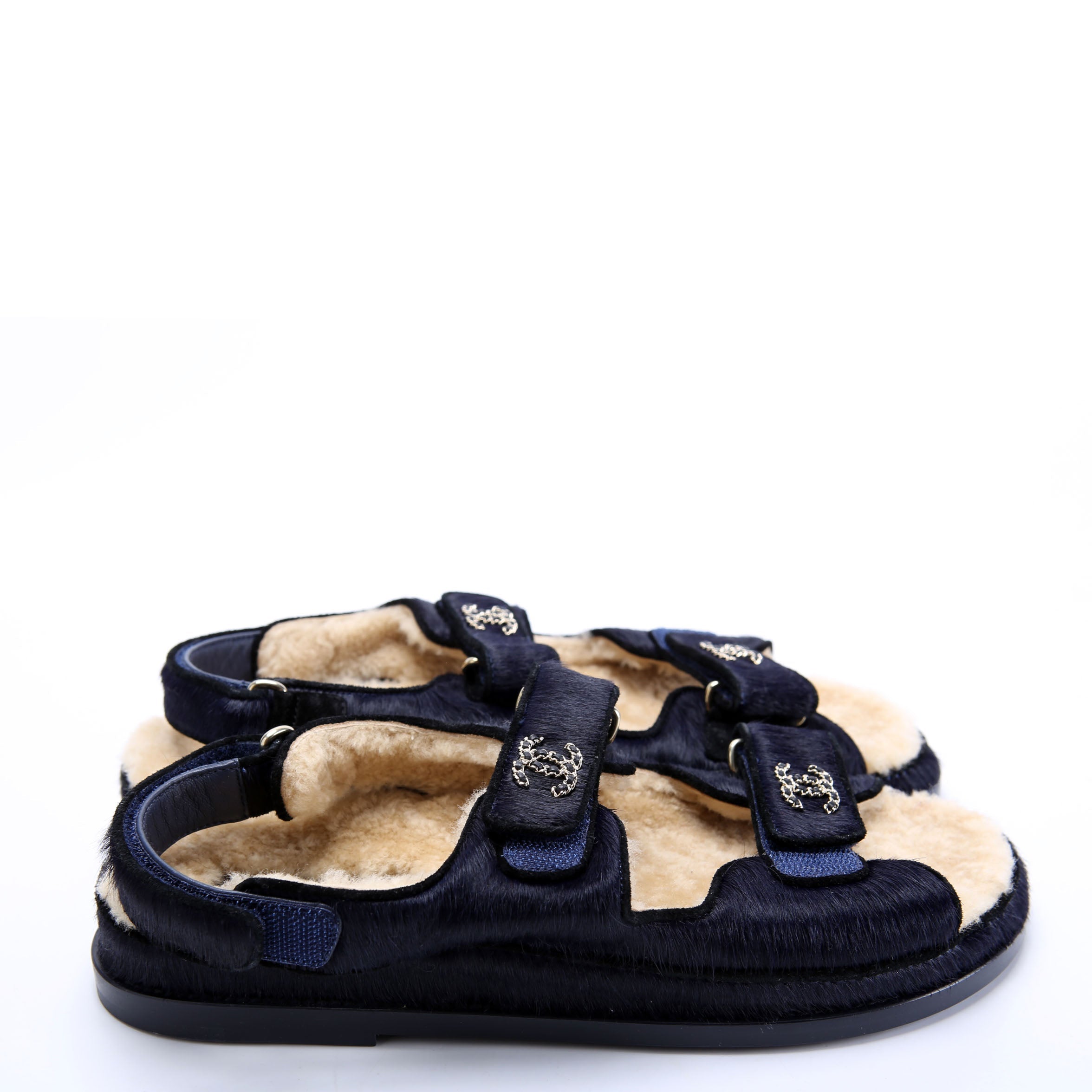 Chanel CC Dad Sandals Calf Hair Shearling Size 40