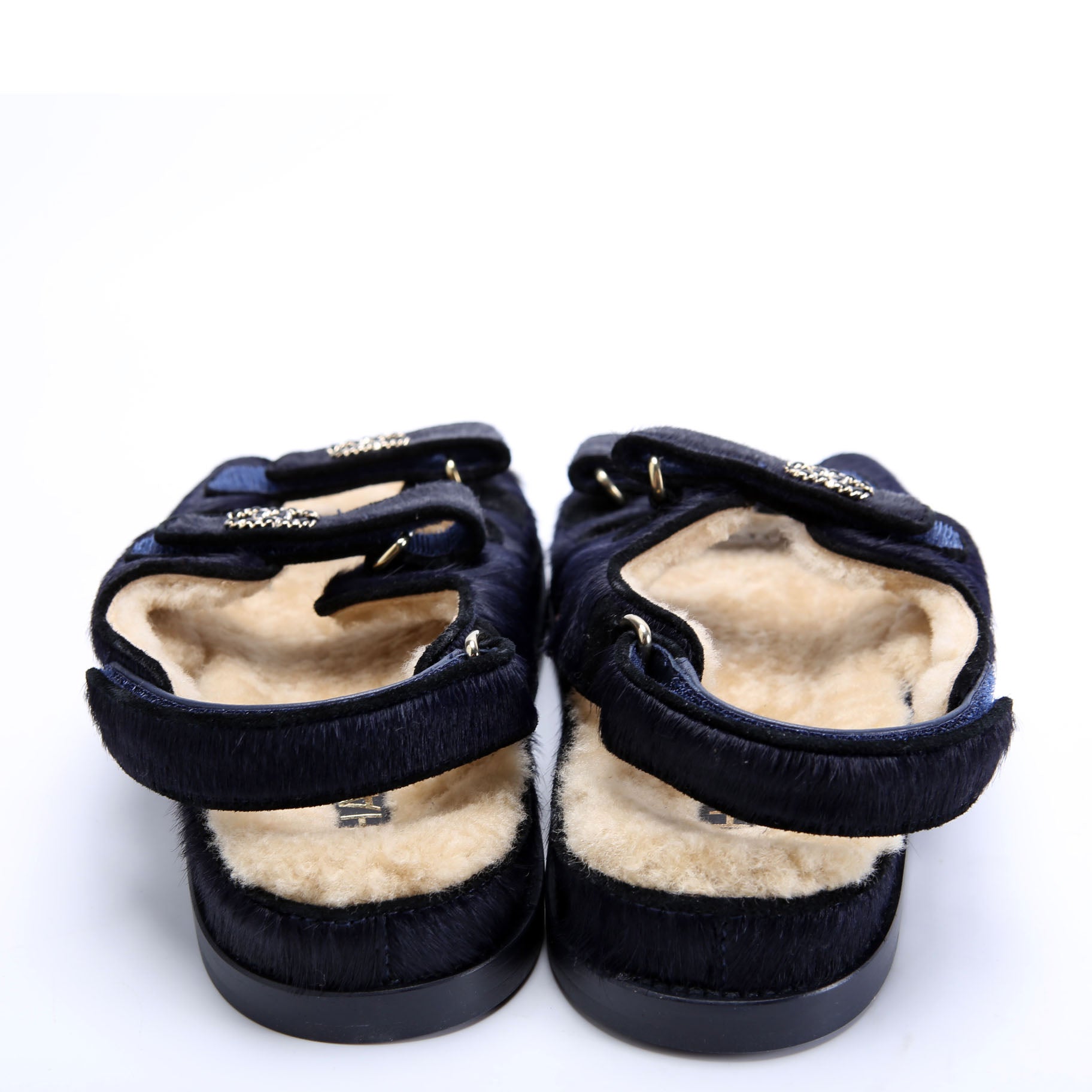Chanel CC Dad Sandals Calf Hair Shearling Size 40