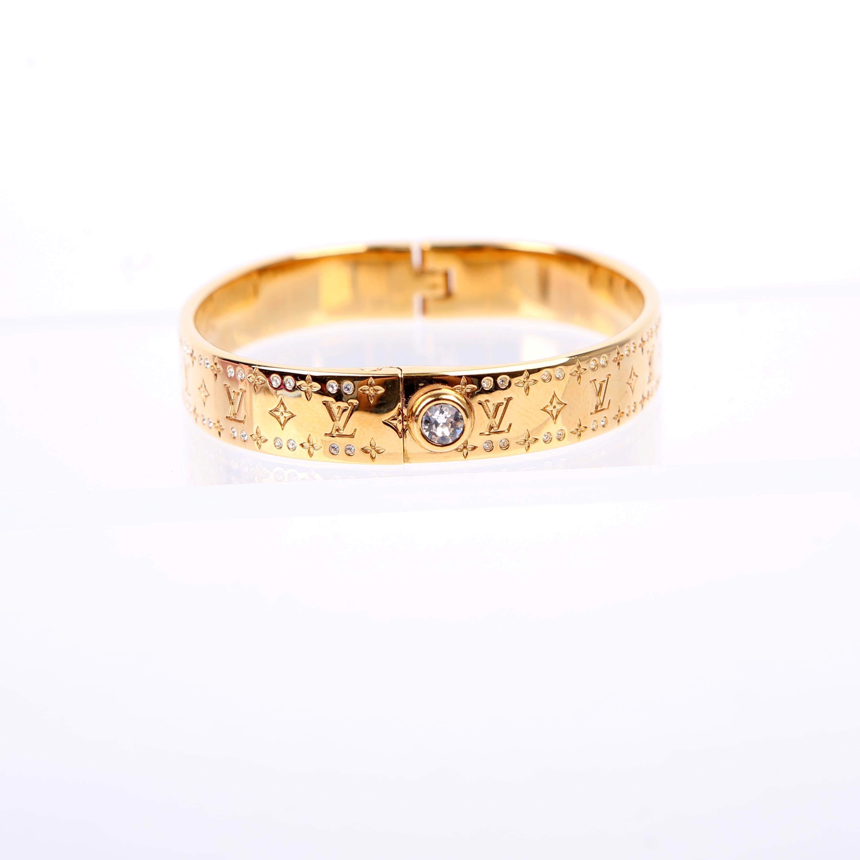 Louis Vuitton Nanogram Cuff W/Crystals Bracelet Size Medium Gold