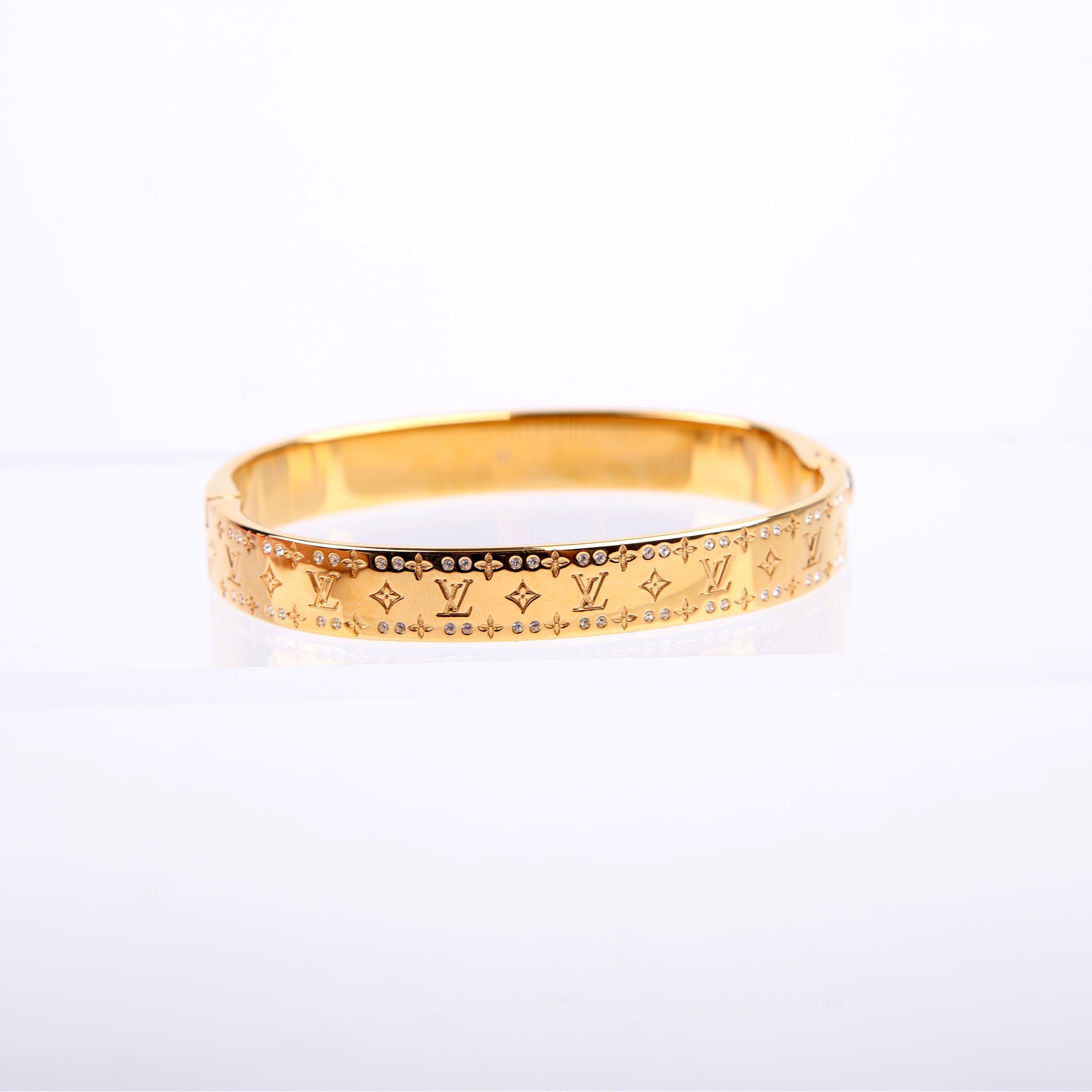 Louis Vuitton Nanogram Cuff W/Crystals Bracelet Size Medium Gold