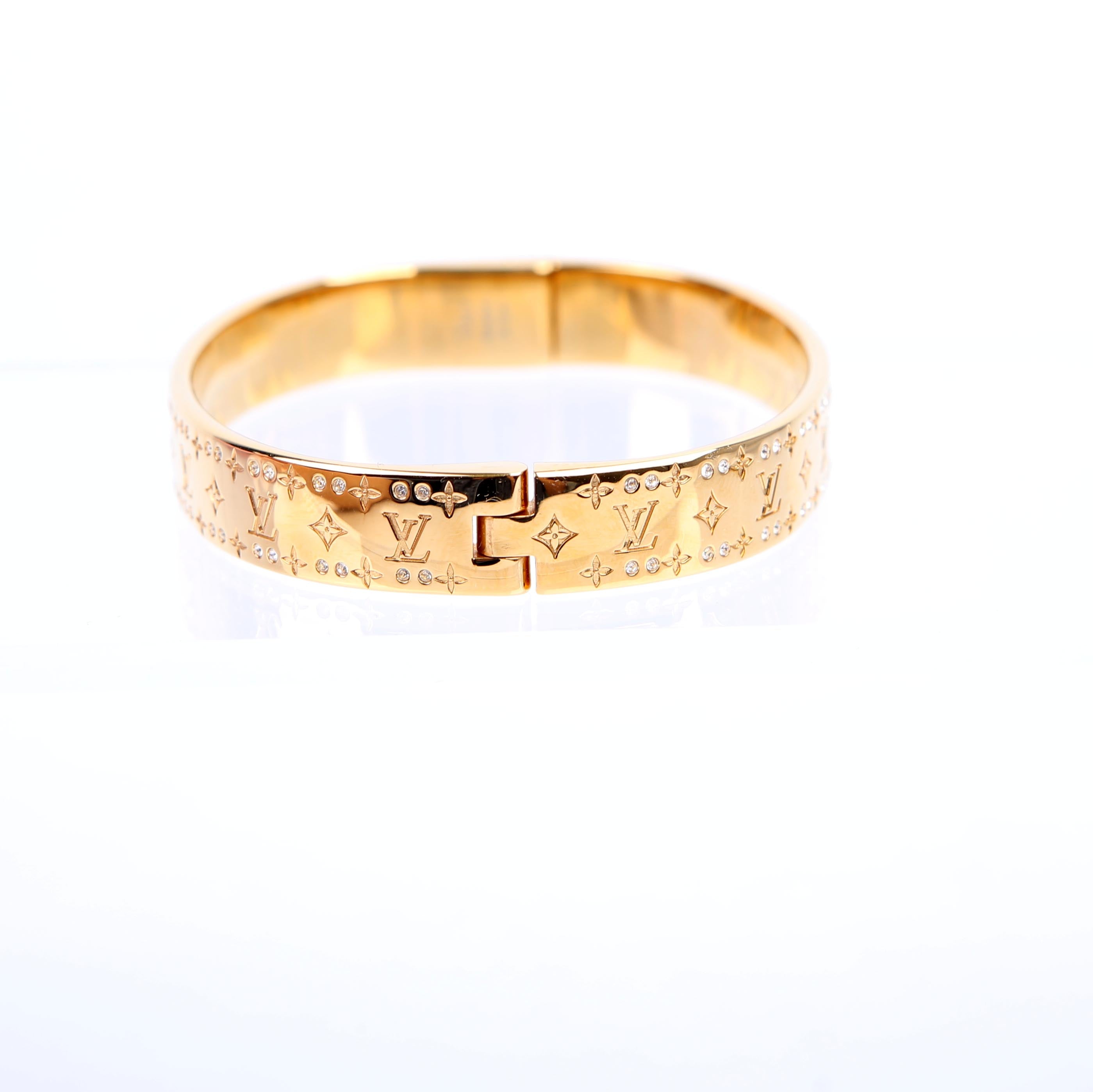 Louis Vuitton Nanogram Cuff W/Crystals Bracelet Size Medium Gold