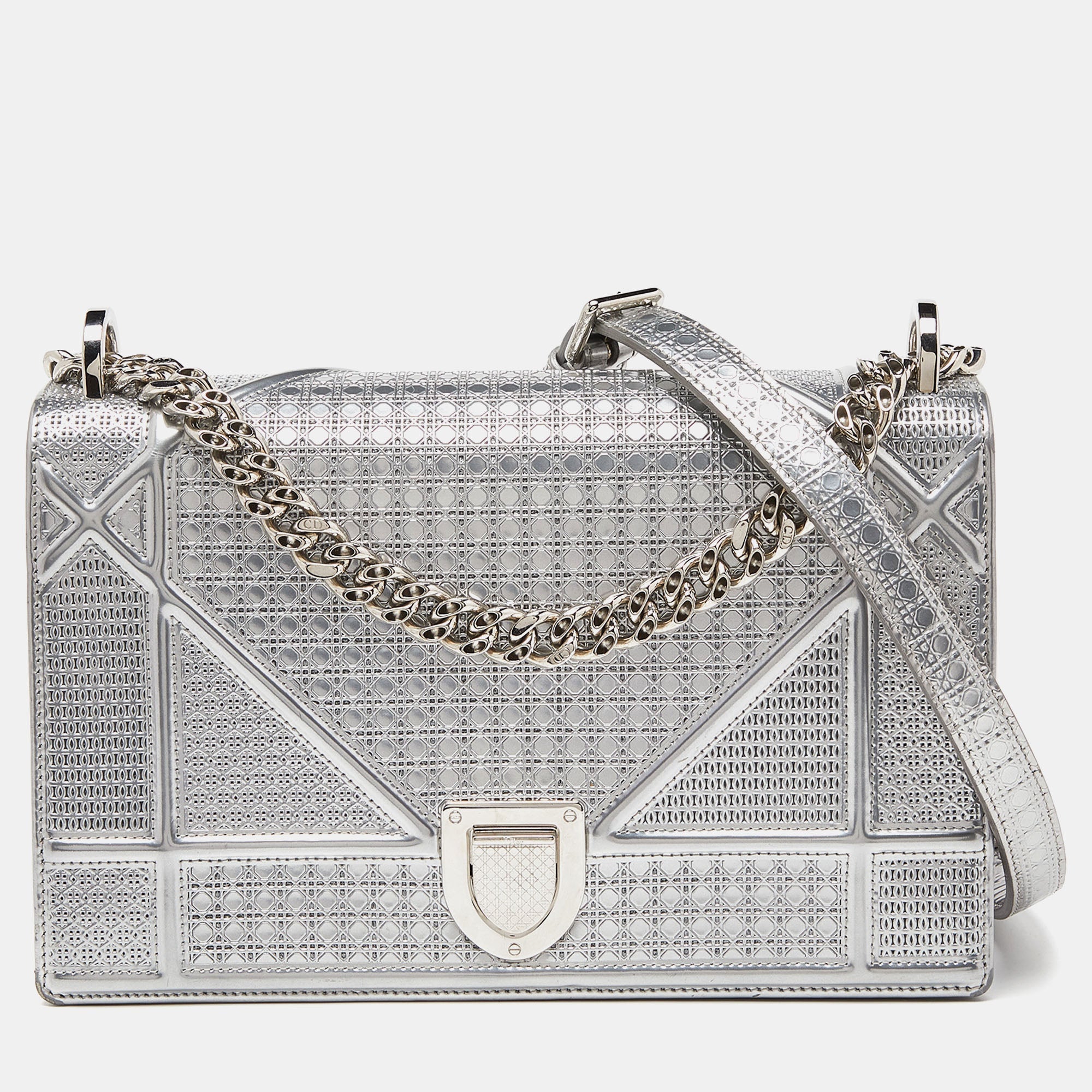 Silver Microcannage  Leather Medium Diorama Flap Shoulder Bag