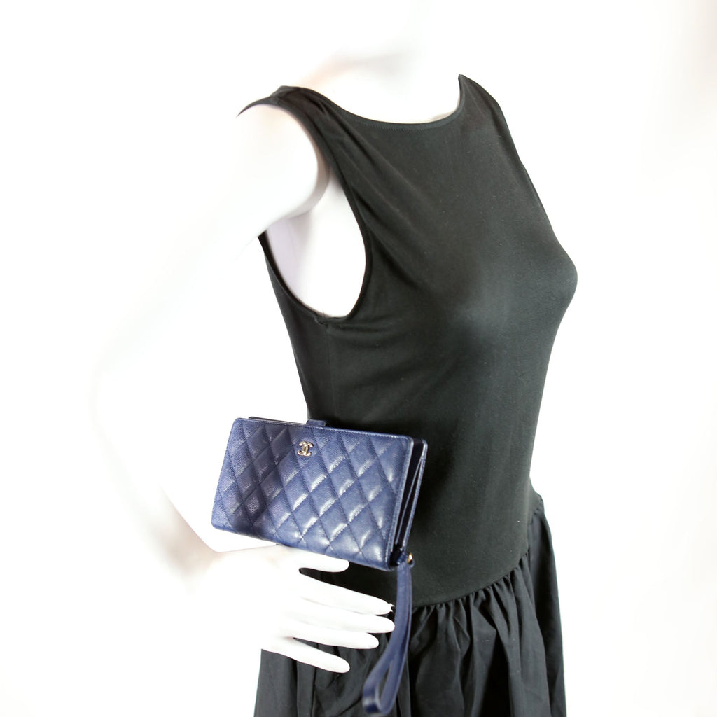 Chanel CC Wristlet Wallet Long Caviar 27M Blue