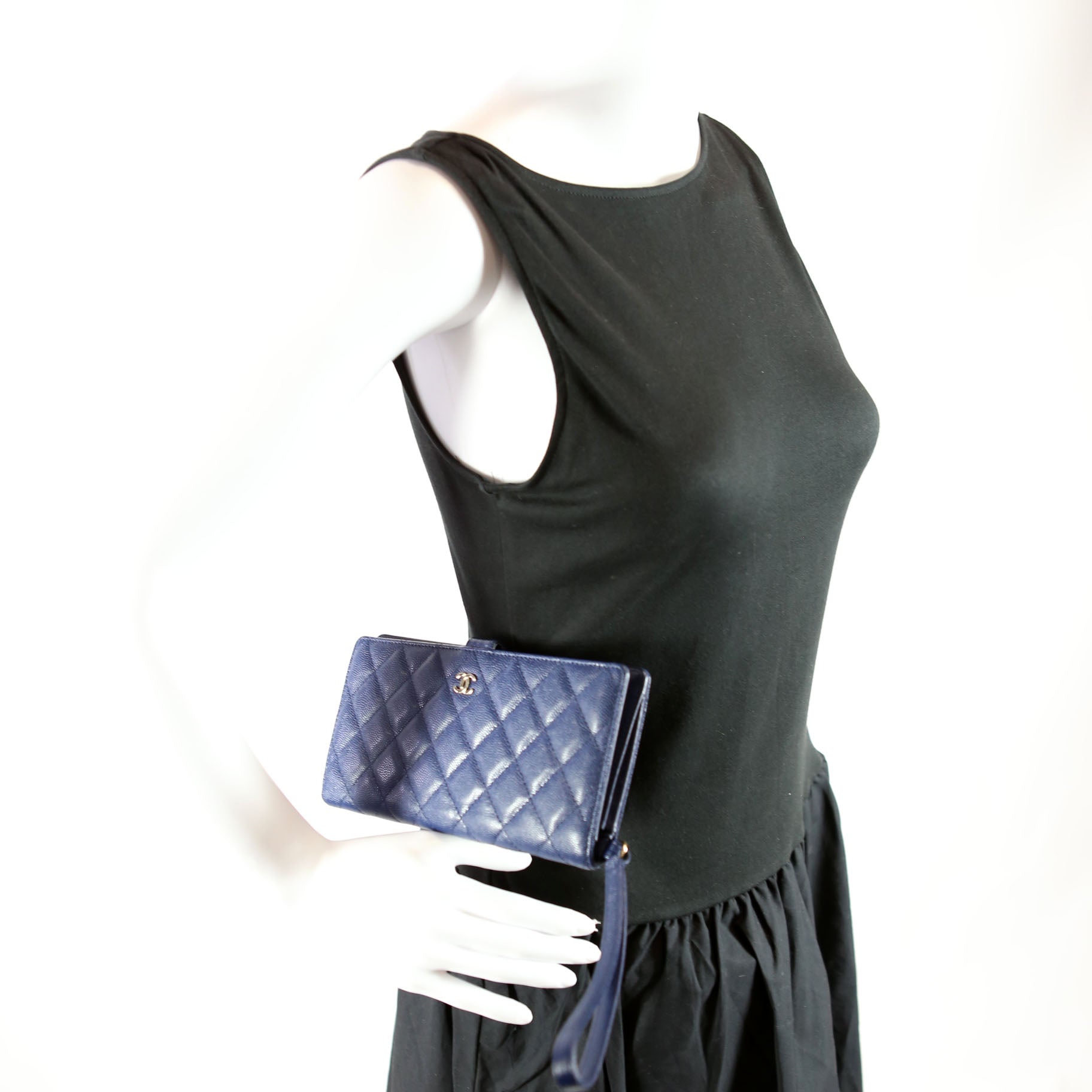 Chanel CC Wristlet Wallet Long Caviar 27M Blue