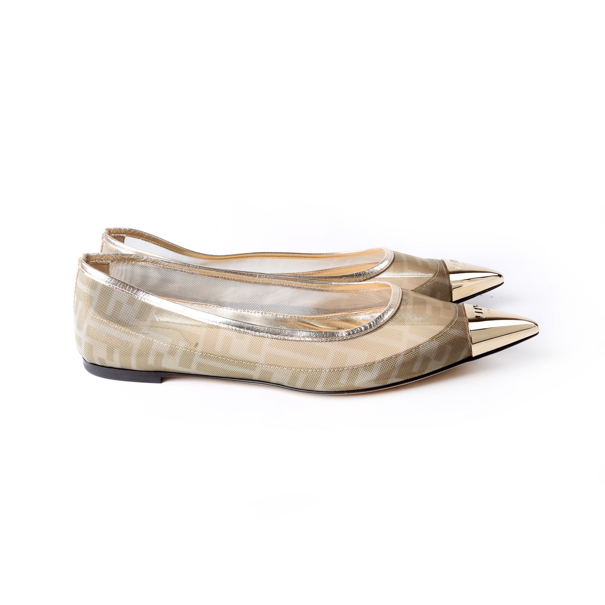 Fendi Colibri FF Mesh Pointed Ballet Flats Size 40.5 Gold