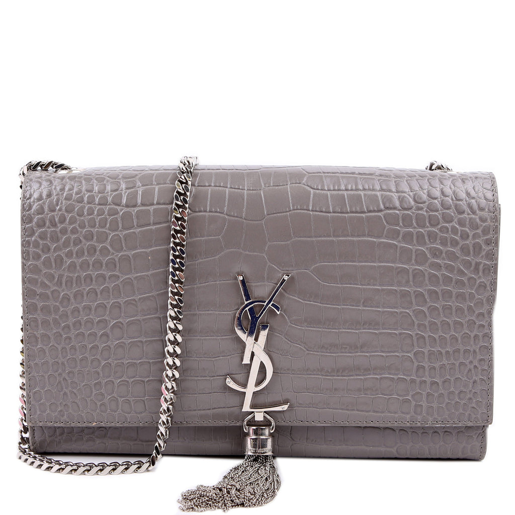 Saint Laurent Kate Tassel Satchel Medium Croc Embossed 354119 Grey