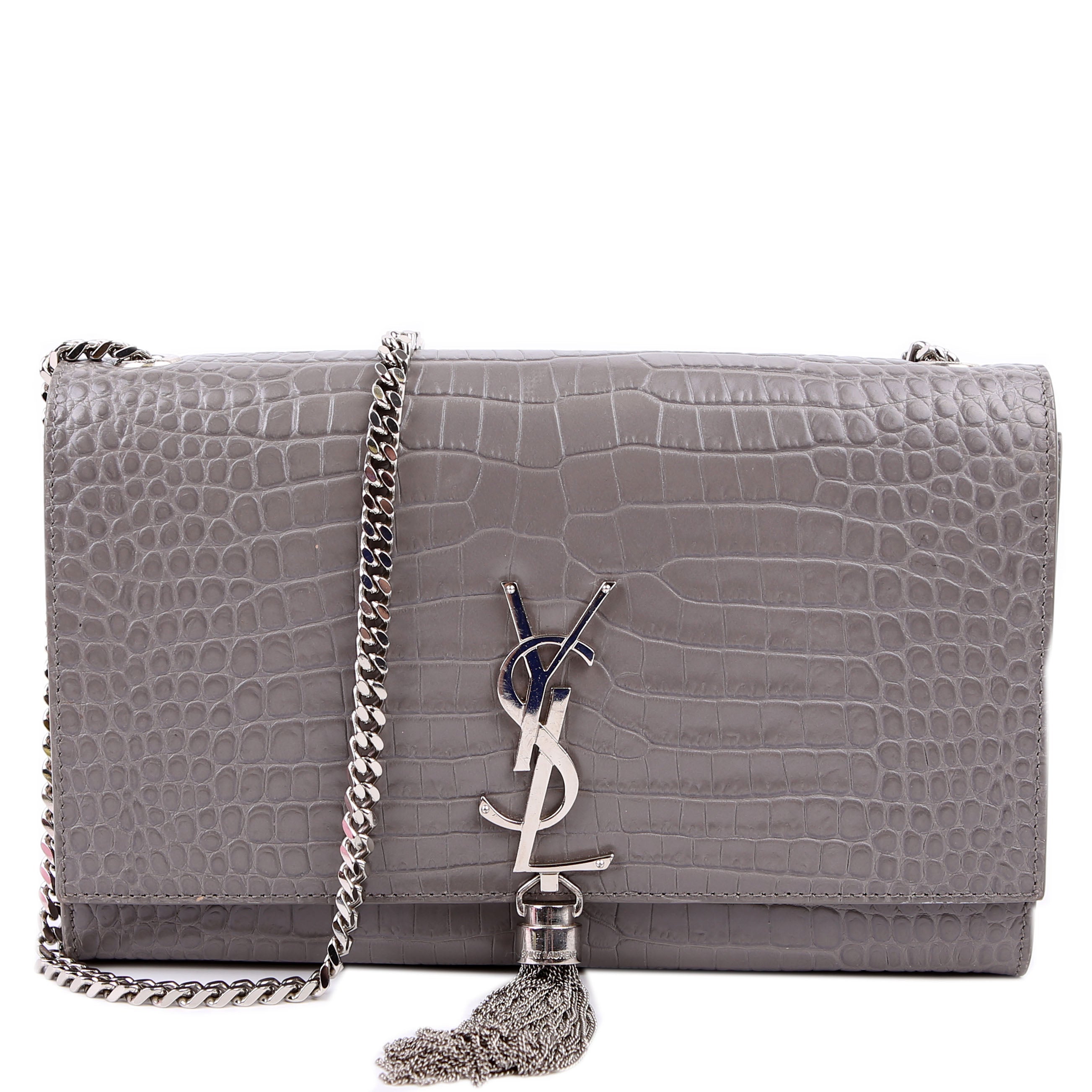 Saint Laurent Kate Tassel Satchel Medium Croc Embossed 354119 Grey