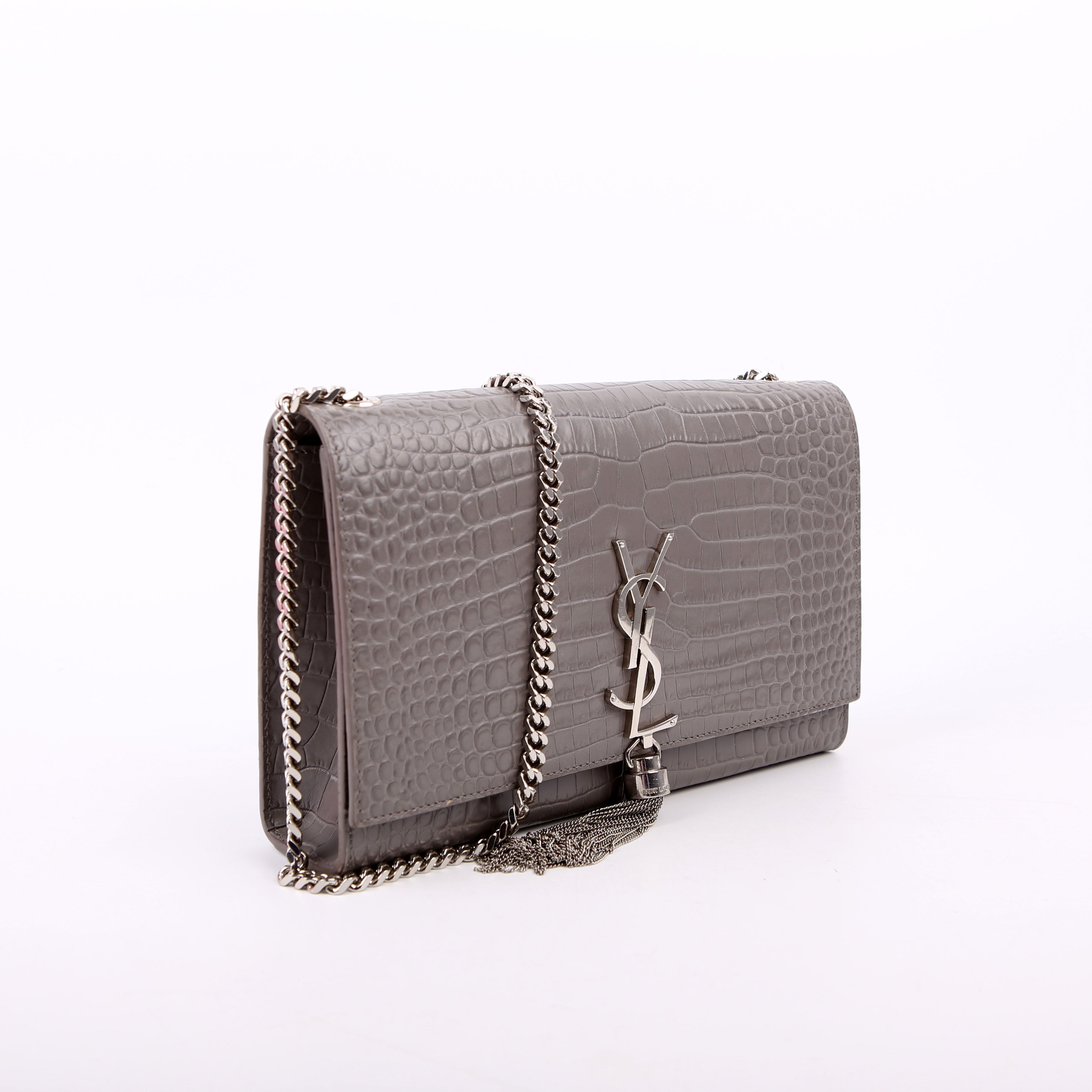 Saint Laurent Kate Tassel Satchel Medium Croc Embossed 354119 Grey