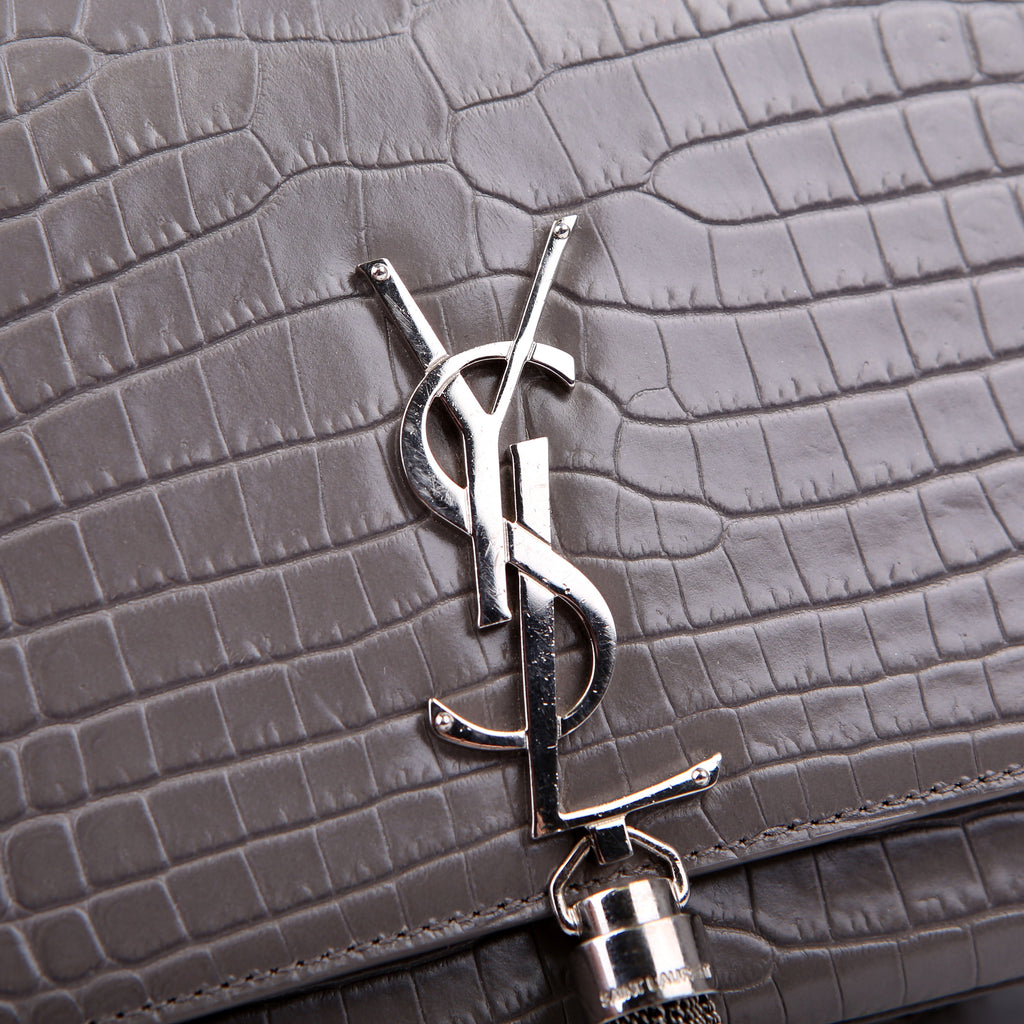 Saint Laurent Kate Tassel Satchel Medium Croc Embossed 354119 Grey