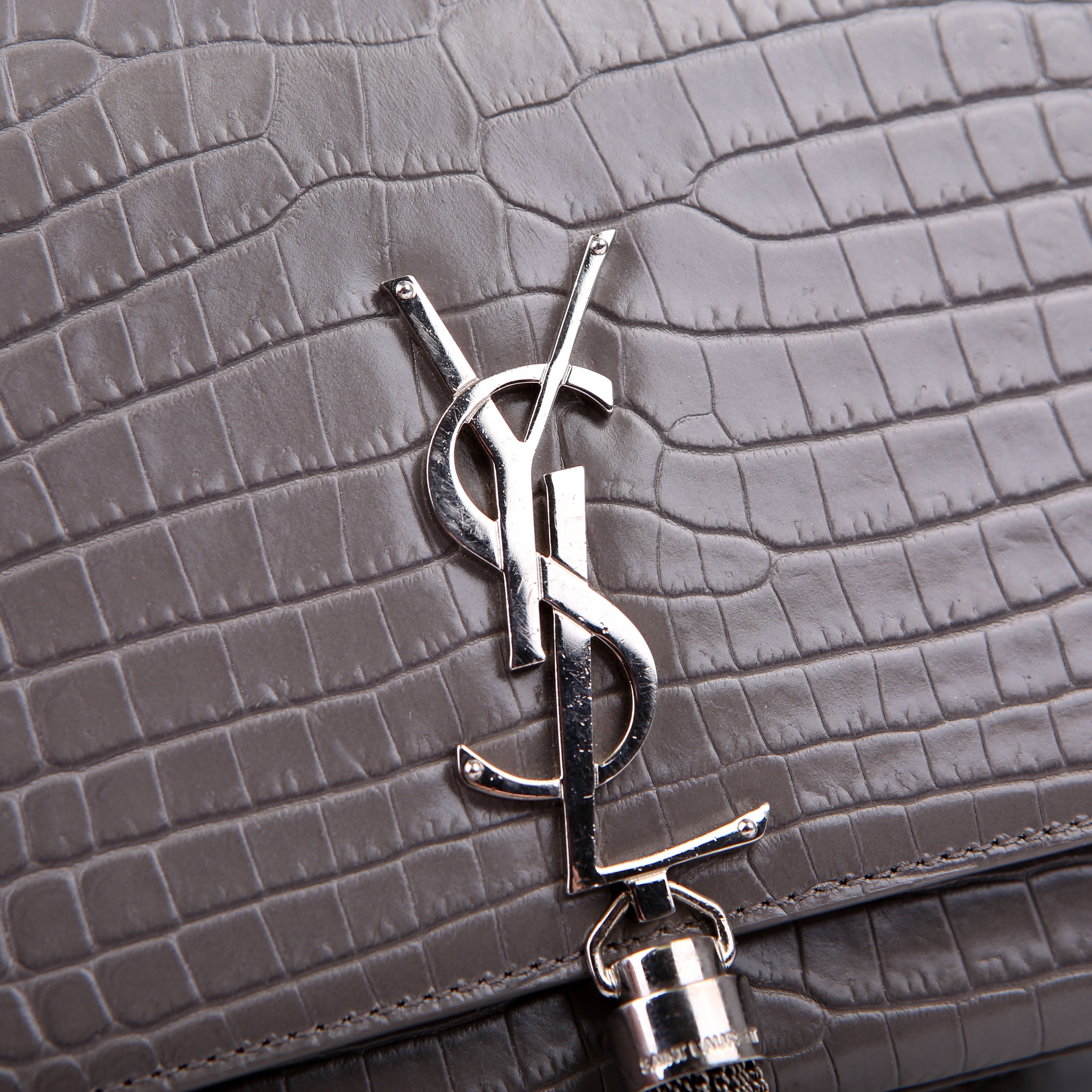 Saint Laurent Kate Tassel Satchel Medium Croc Embossed 354119 Grey