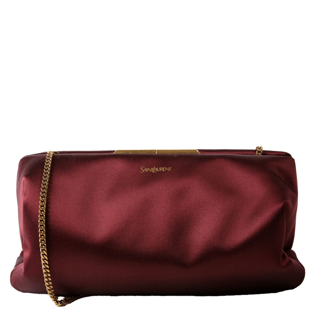 Saint Laurent Satin Chain Clutch With Chain 807825 Burgundy