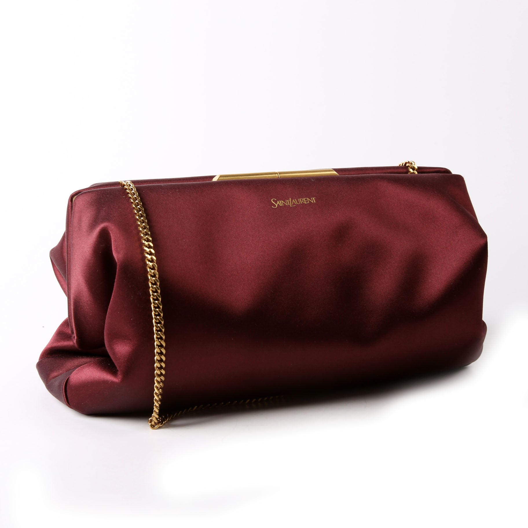 Saint Laurent Satin Chain Clutch With Chain 807825 Burgundy