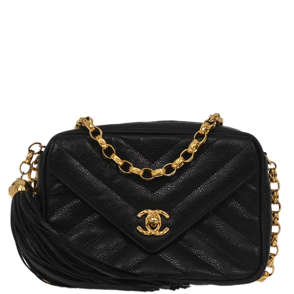 Chanel Black Caviar Skin Chevron Camera Bag Mini