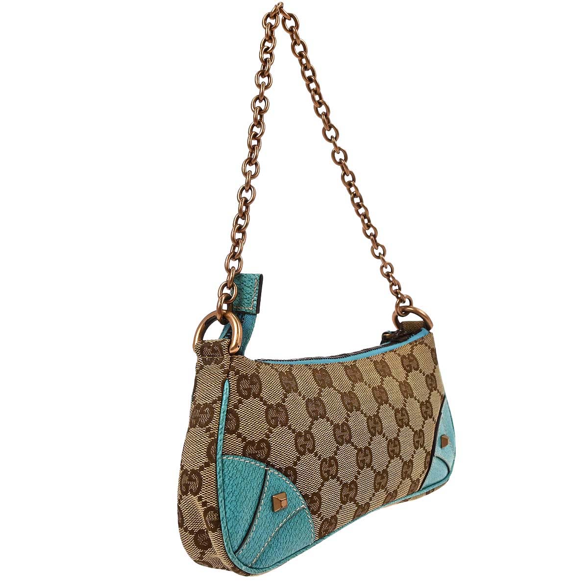 Gucci Beige Blue Canvas GG Chain Handbag