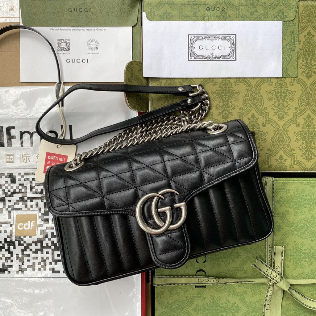 Gucci Marmont Small Shoulder Bag Black Matelassé For Women  10in/26cm 443497 UM8AN 1000