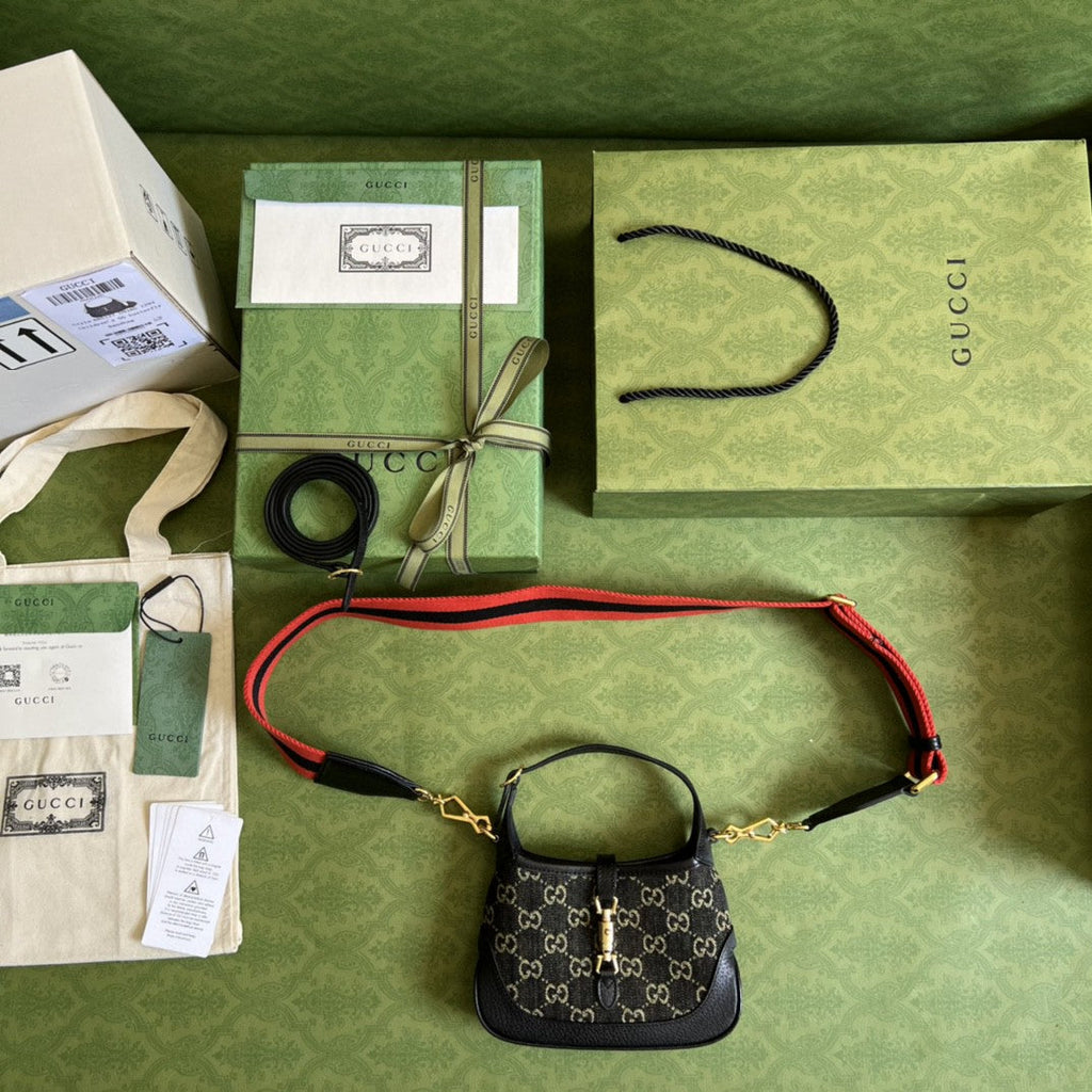 Gucci Jackie 1961 Mini Shoulder Bag Black And Ivory Gucci Denim Jacquard For Women 7.5in/19cm Gucci 685127 UN3AG 1294