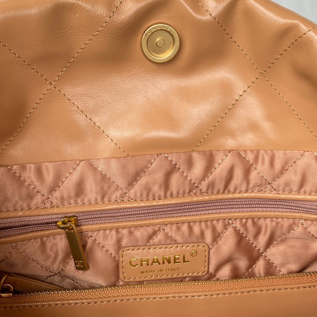 Chanel 22 Handbag Gold Hardware Shiny Camel For Women Handbags, Shoulder Bags 16.5in/38cm AS3261 B08037 NB356