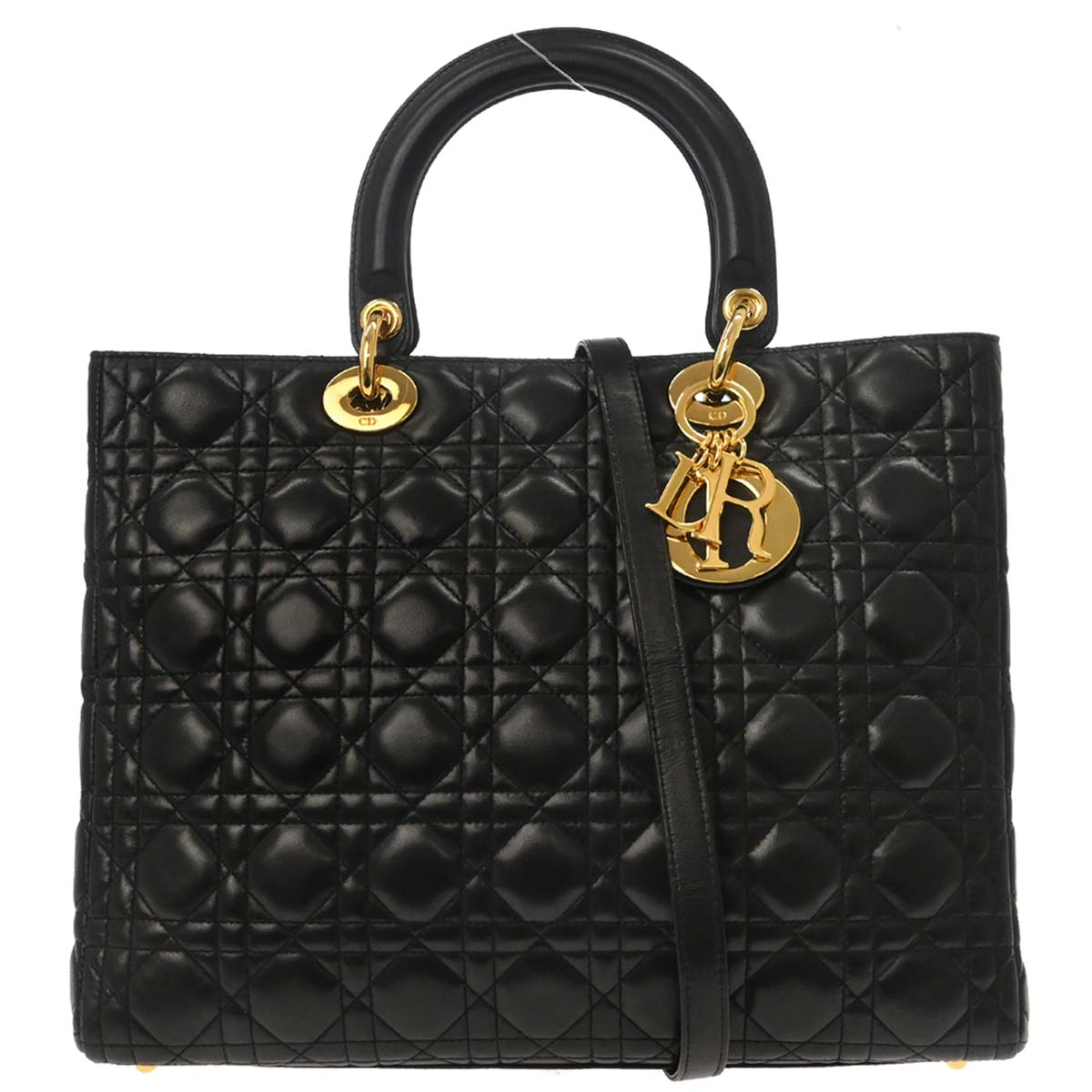 Christian Dior Black Lambskin Large Lady Dior Cannage 2way Shoulder Handbag