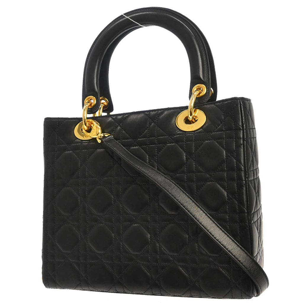 Christian Dior Black Lambskin Medium Lady Dior Cannage 2way Shoulder Handbag