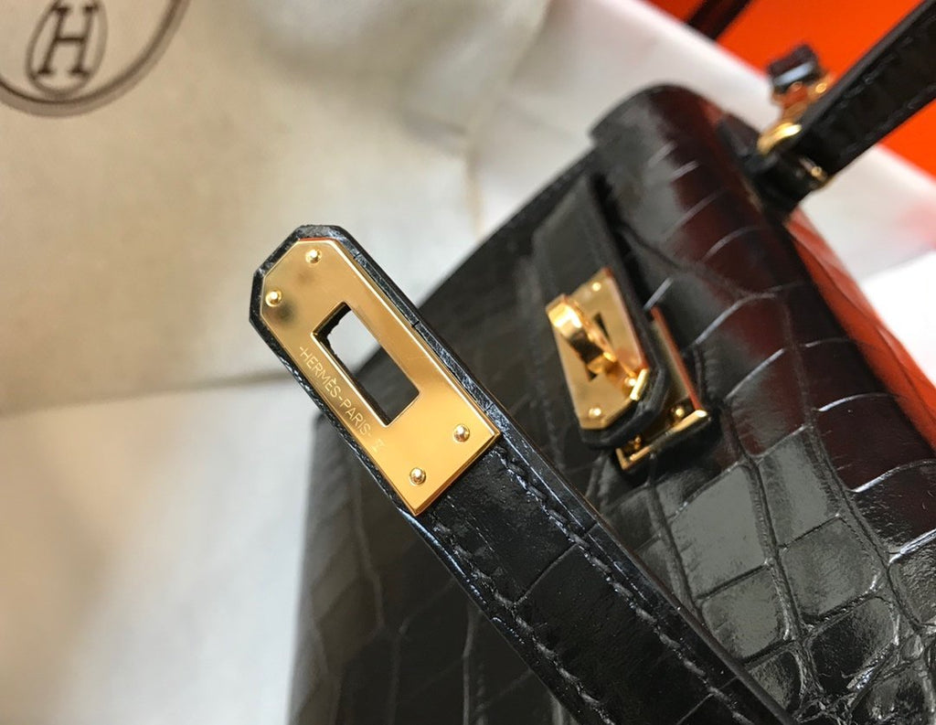 Mini Kelly 19 Black CrocoGLAMIle Bag For Women, Handbags, Shoulder Bags 7.5in/19cm
