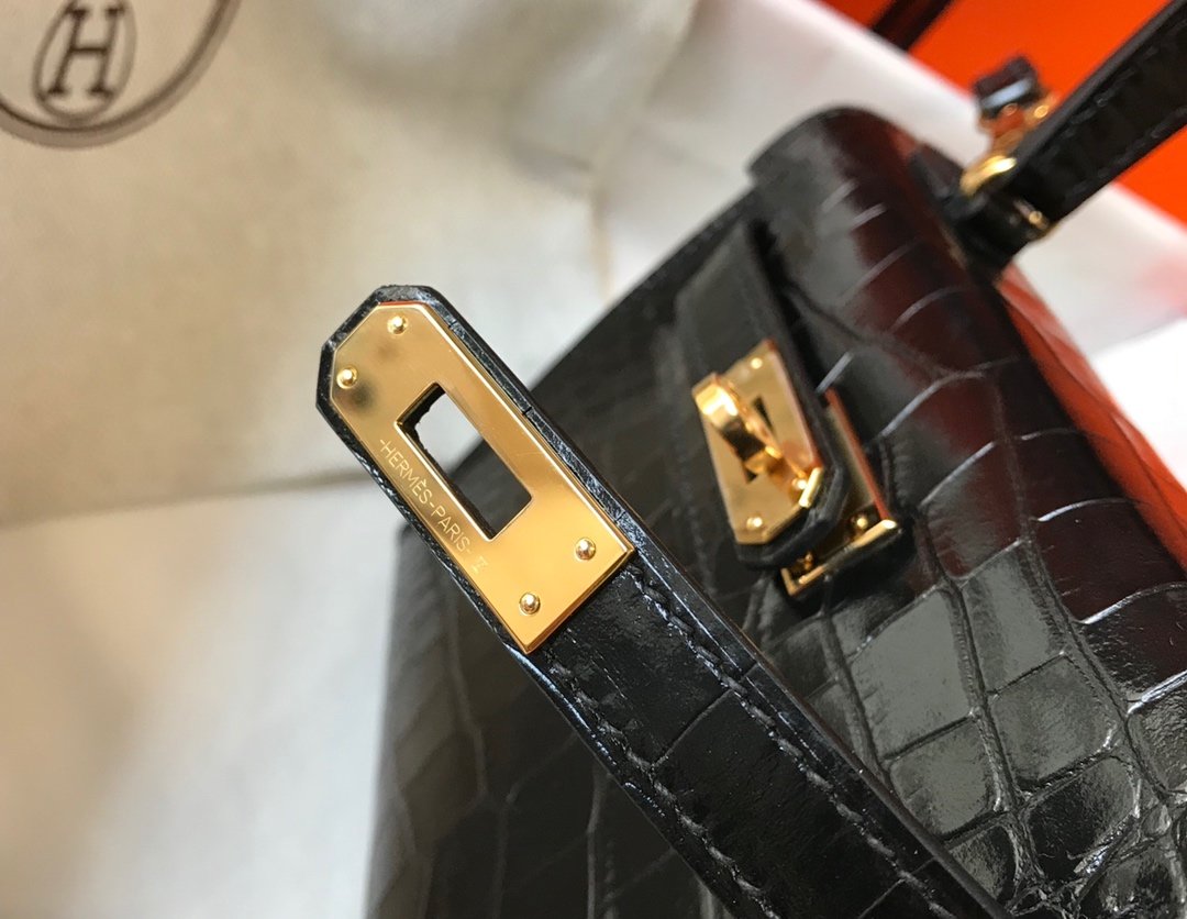 Mini Kelly 19 Black CrocoGLAMIle Bag For Women, Handbags, Shoulder Bags 7.5in/19cm