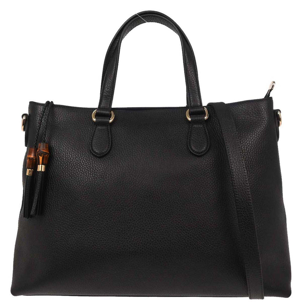 Gucci Black Leather Bamboo Tassel Tote 2way Shoulder Handbag