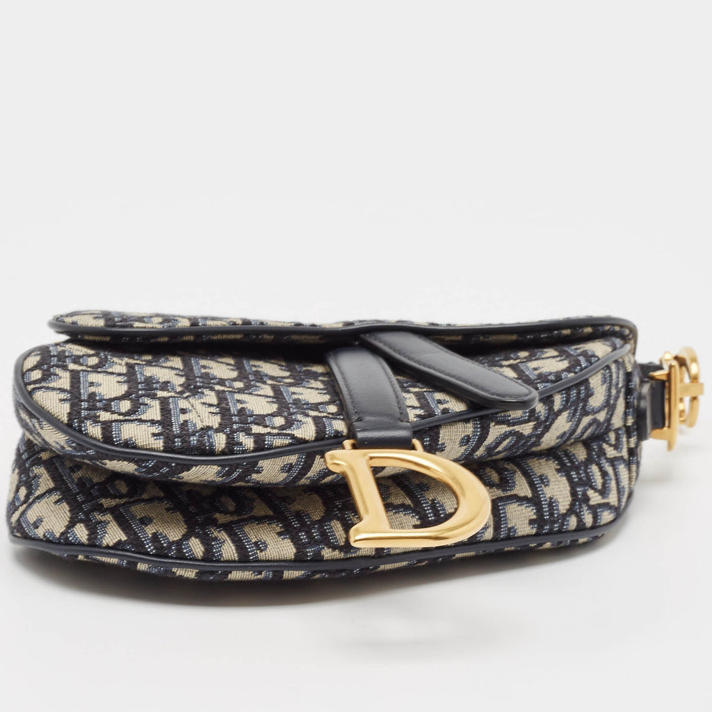 Dior Navy Blue Oblique Canvas And Leather Mini Saddle Bag