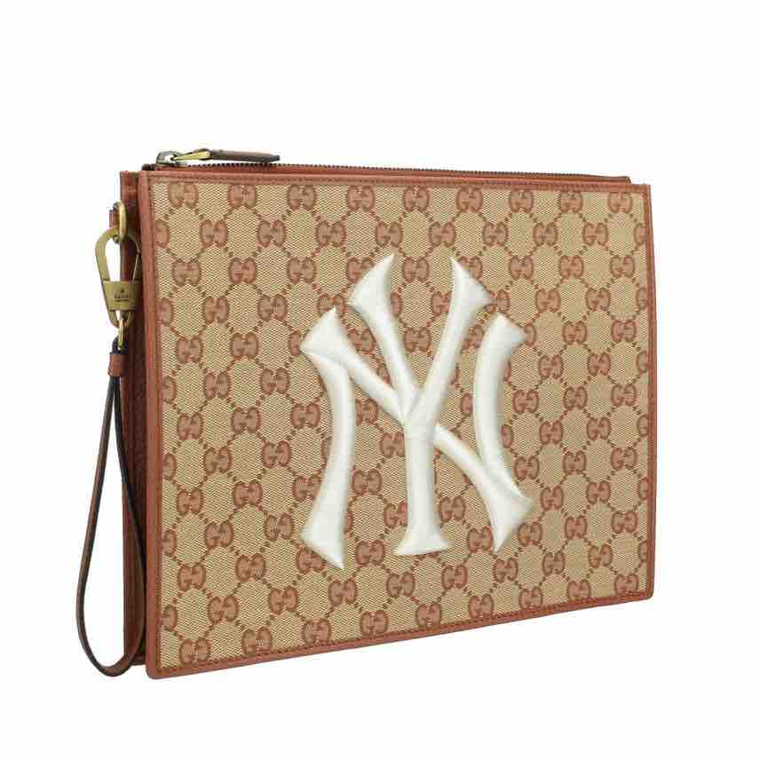 Gucci Gucci Supreme Canvas NY Yankees Zip Wristlet Pouch, Brown Leather