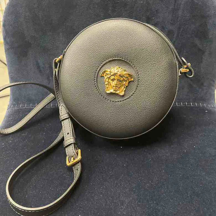 Versace LaDiores La Medusa Round Leather Camera Bag, Black Leather