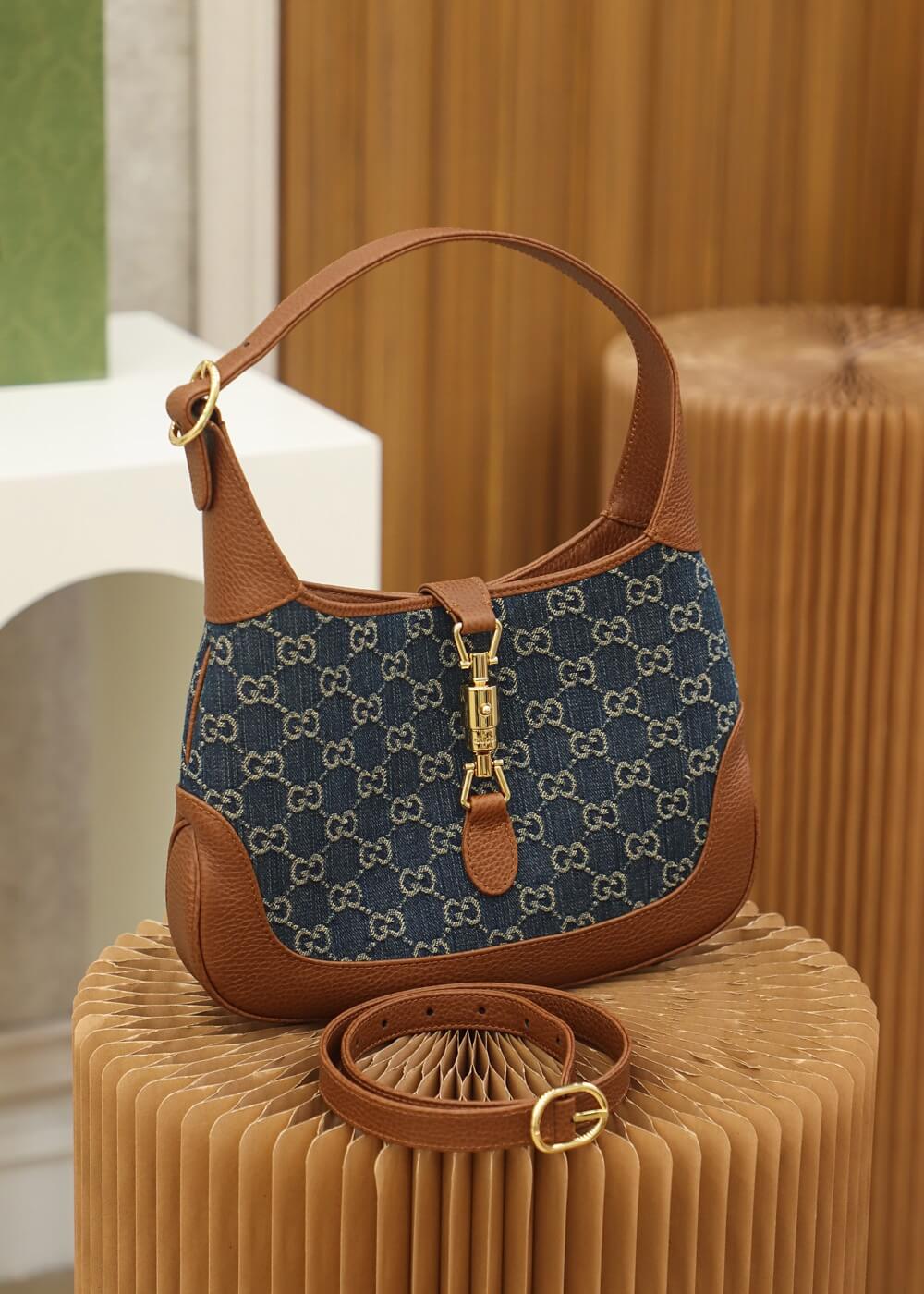 Gucci 637092 subaxillary bag Leather brown blue canvas
