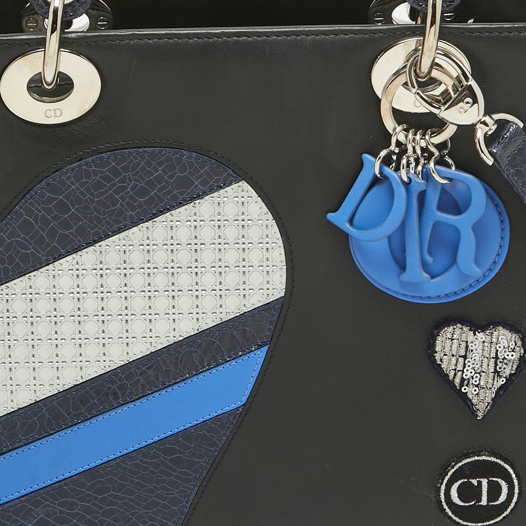 Dior Black/blue Crackled  And Leather Medium Patch Embellished  Lady Dior Tote